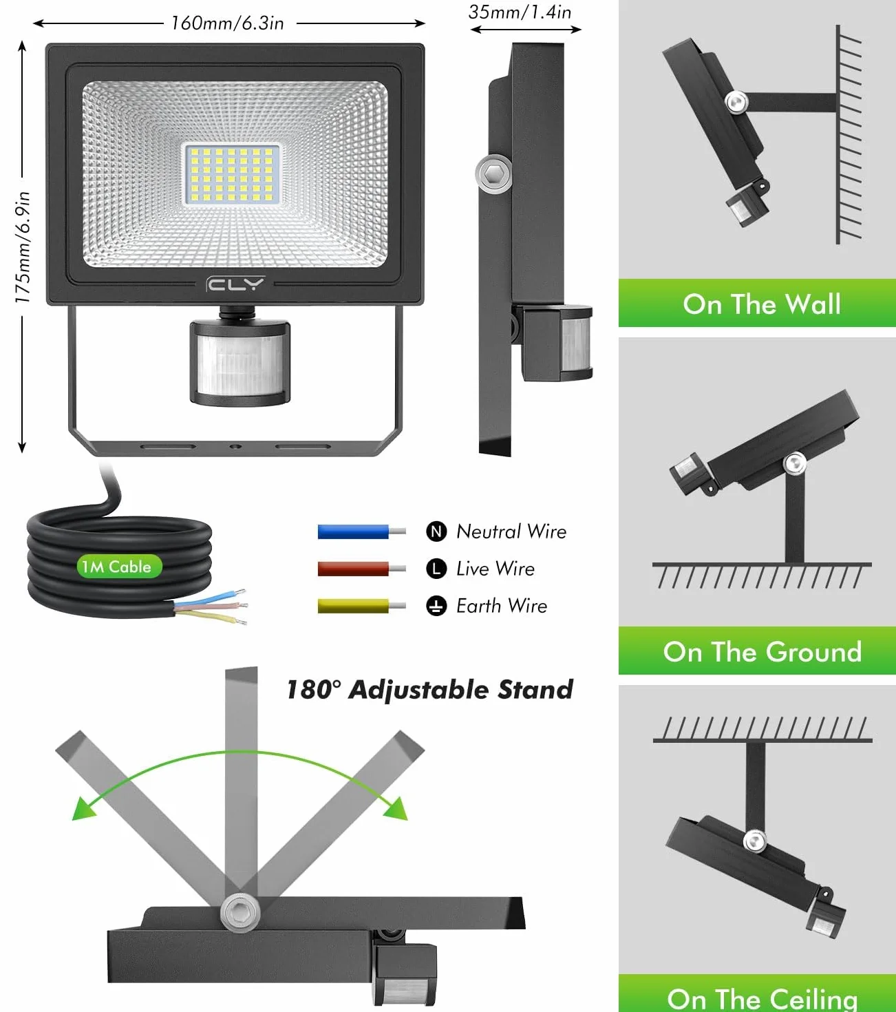 CLY Reflektor LED z czujnikiem ruchu 35W 6500K 3290LM IP66 wodoodporny na zewnątrz