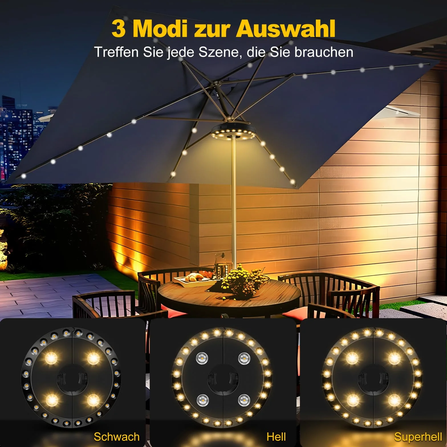 HELESIN Oświetlenie parasola przeciwsłonecznego, 28 diod LED, 3 tryby oświetlenia, zasilanie bateryjne