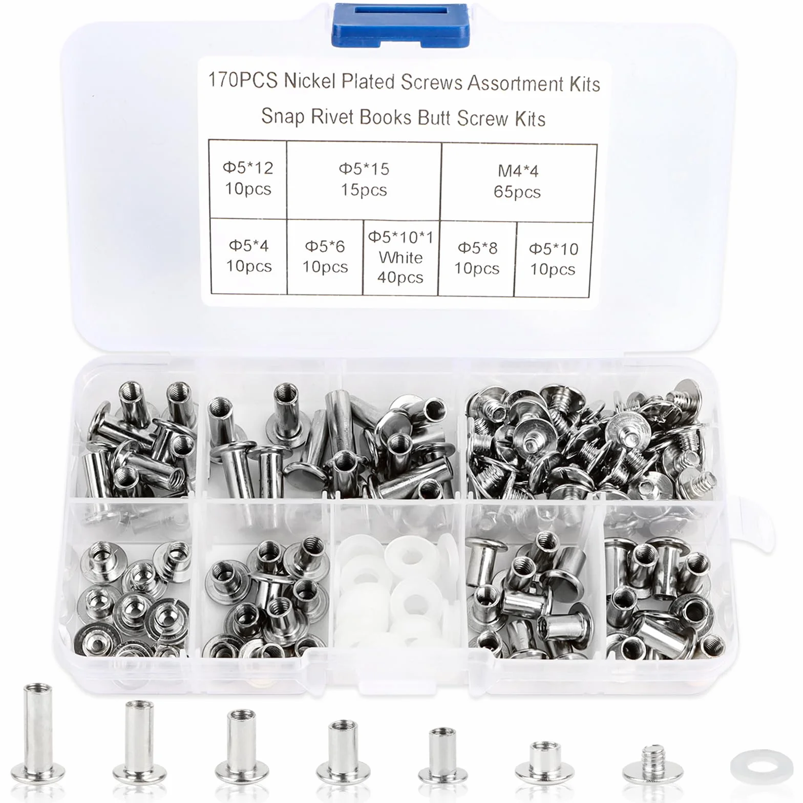 170 sztuk wkrętów Chicago ze stali nierdzewnej, różne śruby krzyżowe M5 x 4-15 mm, płaskie łby 4 x 4 mm, do dekoracji skóry DIY