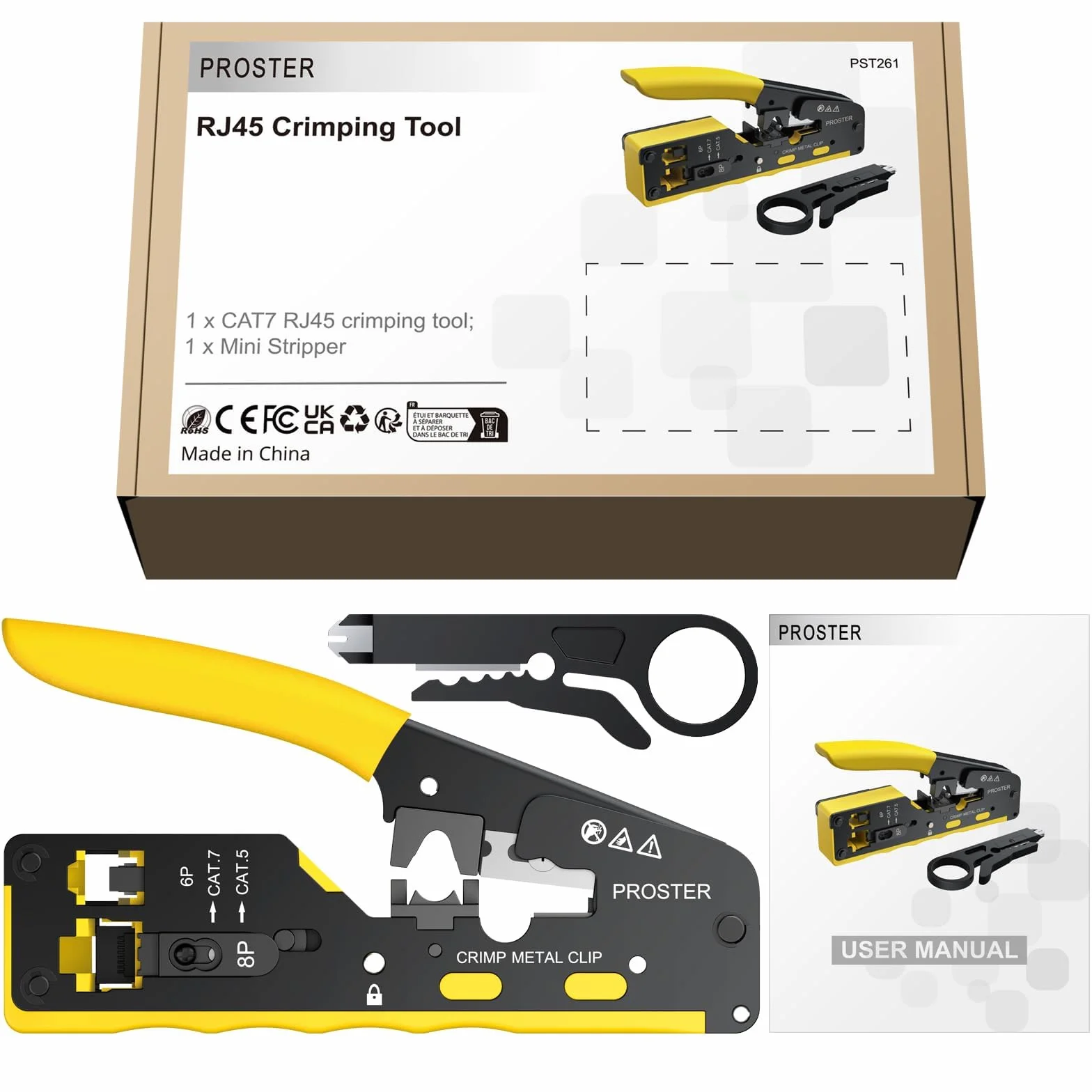 Proster Zaciskacz RJ45 profesjonalny wielofunkcyjny do kabli sieciowych CAT5 CAT6 CAT6A CAT7 Ethernet