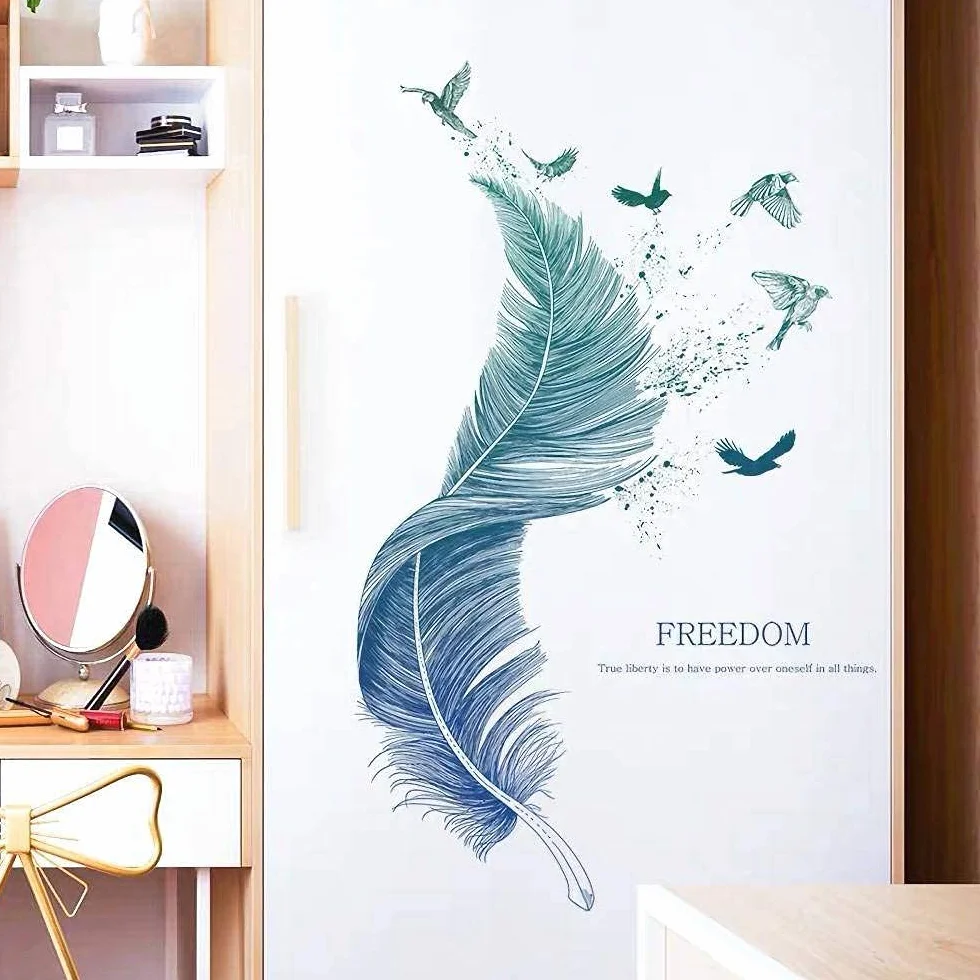 WandSticker4U® - Naklejka na ścianę pióro niebieski 124 × 72 cm, tatuaż ścienny, nowoczesny ptak