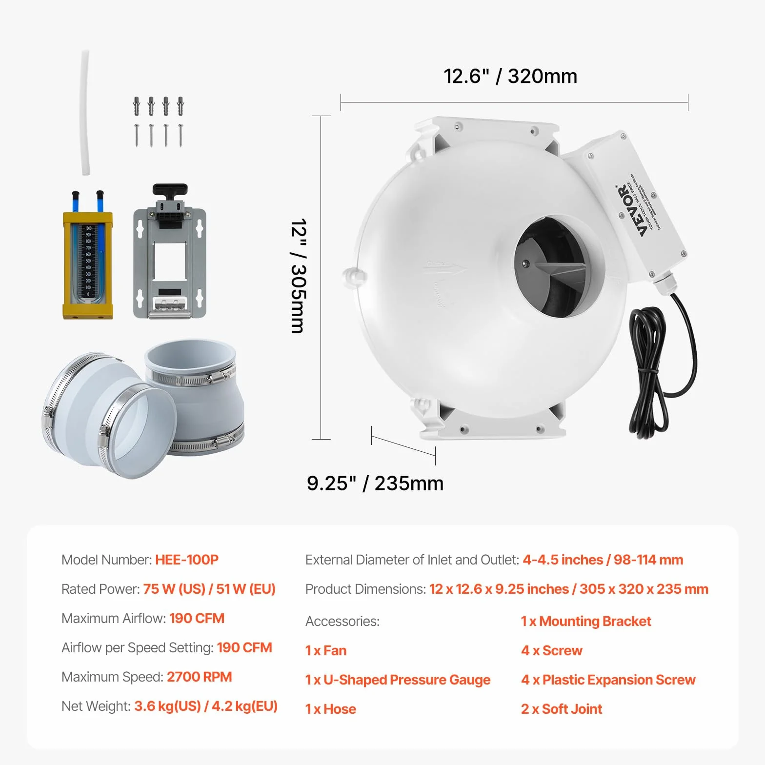 VEVOR 190 CFM Cichy Radon Zestaw instalacyjny wentylatora z 2 złączkami, wskaźnik ciśnienia, wodoodporny wentylator kanałowy in-line, 305 x 320 x 235 mm, biały