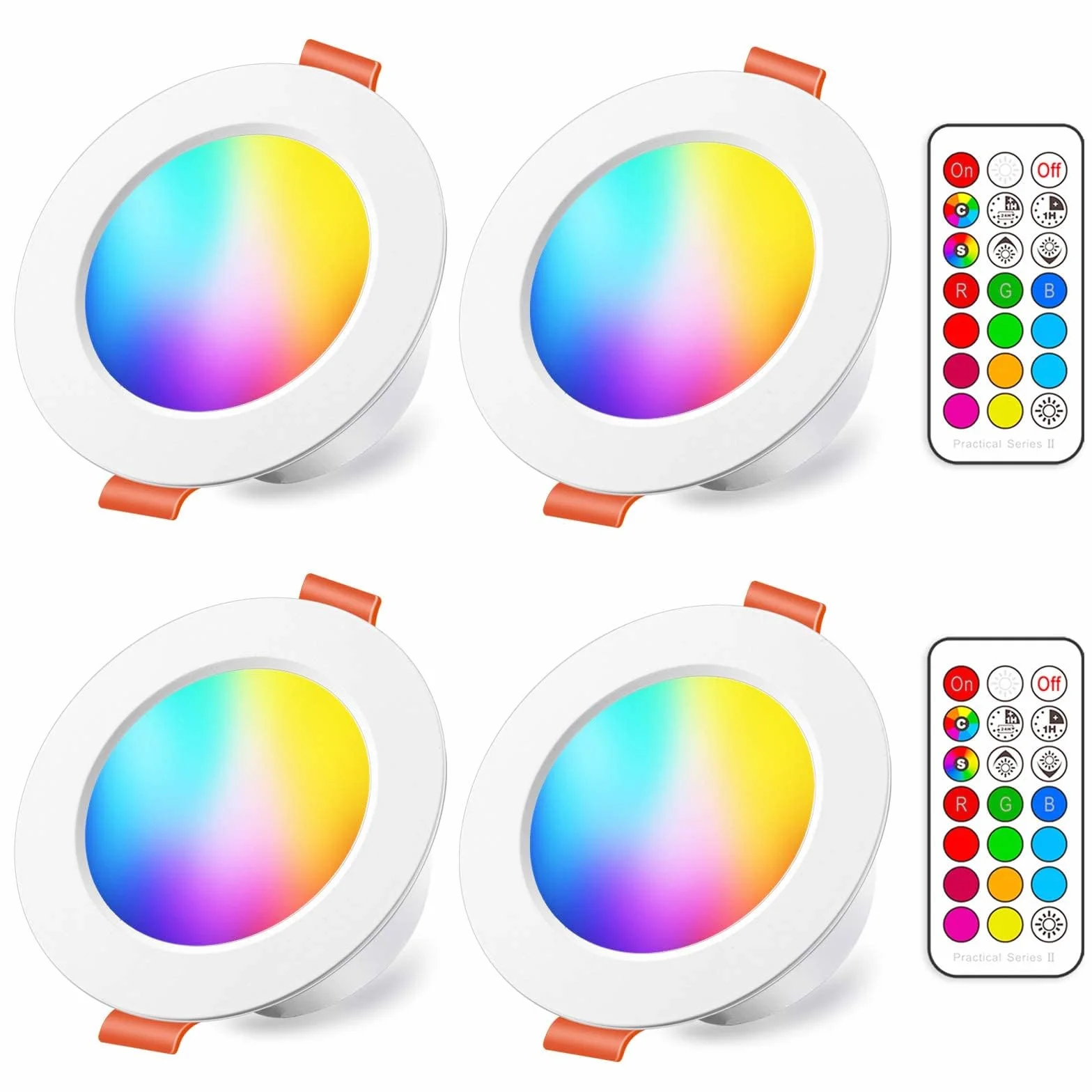 Reflektor LED do wbudowania 8W RGBW z pilotem IP44 okrągły punkt sufitowy ciepła biel 2700K ściemnialna 4 sztuki