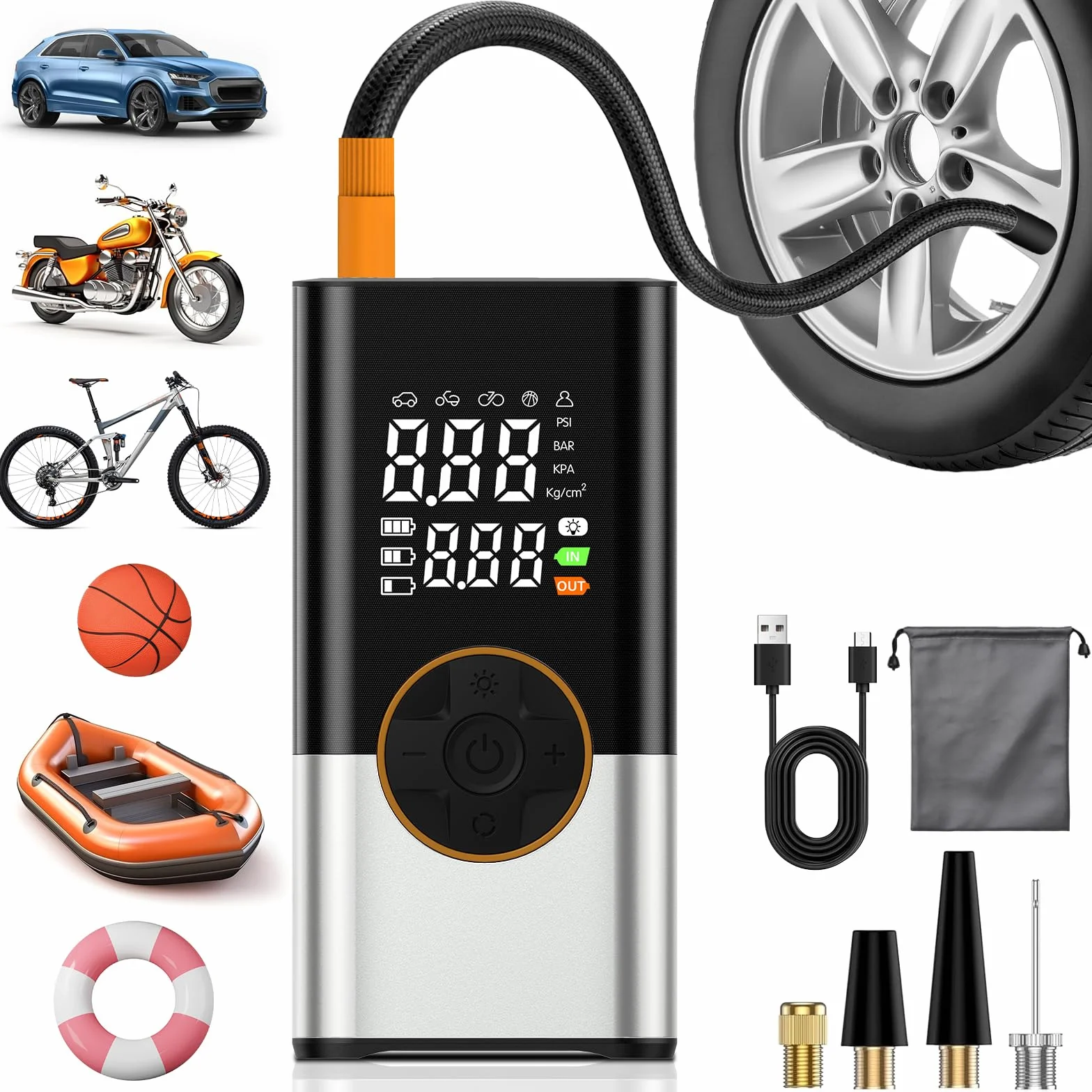 Przenośna Sprężarka Powietrza 150PSI Elektryczna Pompka Rowerowa z Manometrem i Oświetleniem LED