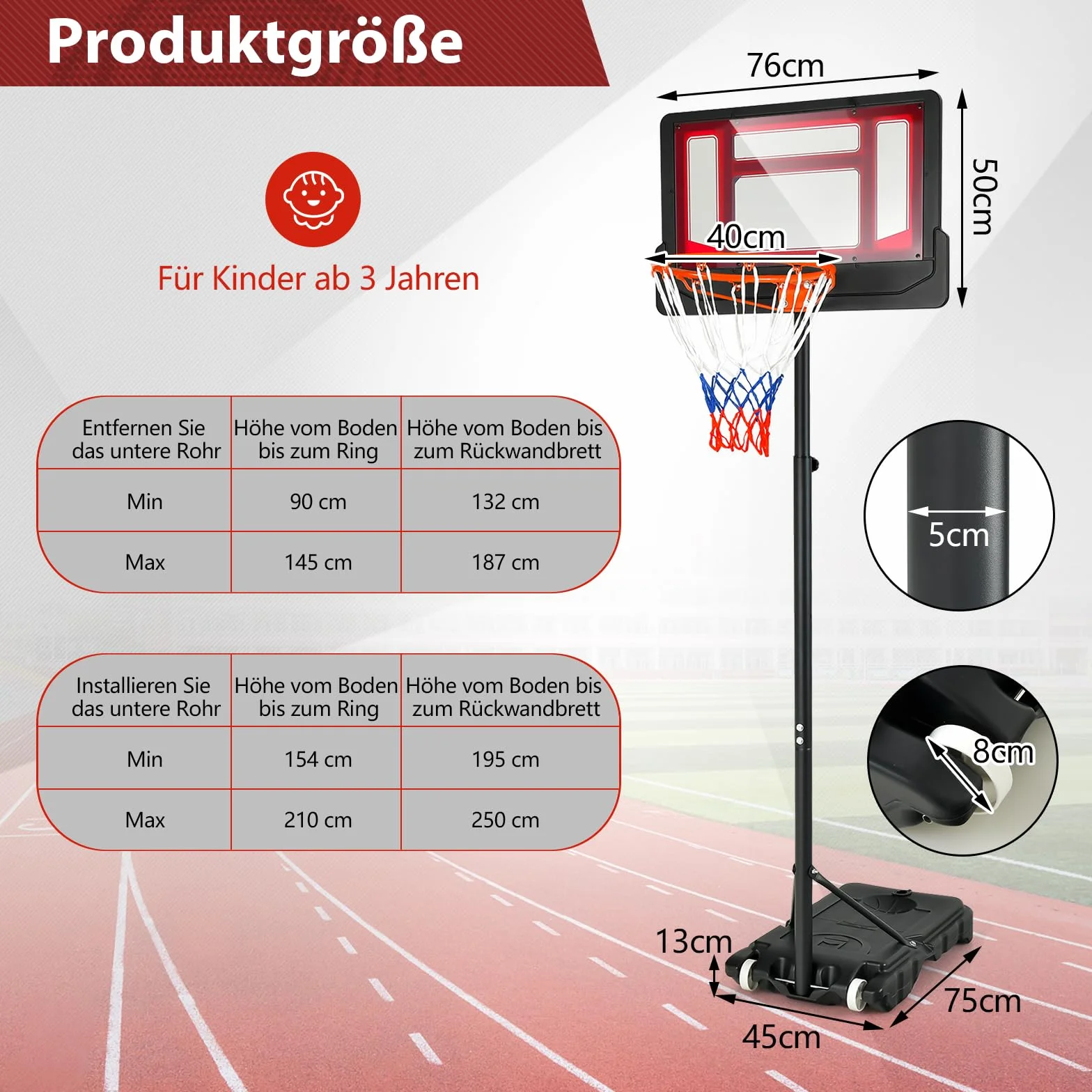 COSTWAY Stojak do koszykówki 154-210 cm, z regulacją wysokości, kosz do koszykówki ze stojakiem i 2 kółkami, system koszykówki dla dzieci, dorosłych, mobilny system koszykówki odporny na warunki