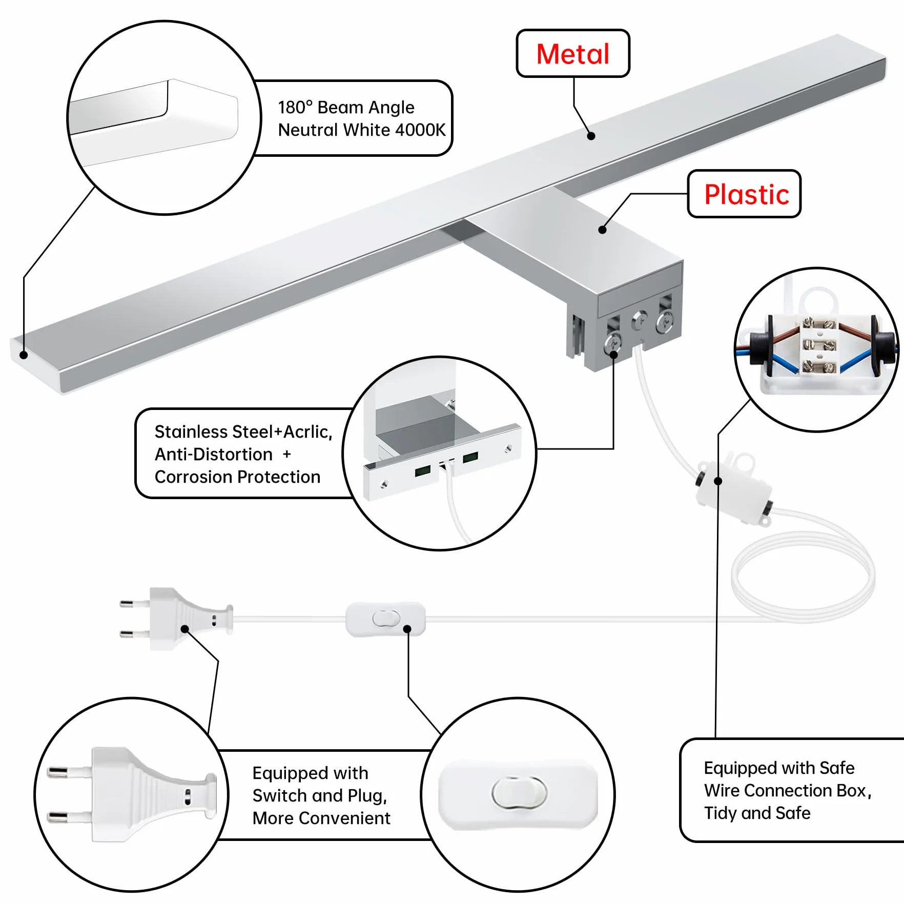 Lampa łazienkowa LED na lustro 10 W, neutralna biel, 4000 K, 820 lm, lampa ścienna, lustro z wtyczką, montaż 3 w 1, 40 cm, IP44, lampa łazienkowa z lustrem, 230 V, 400 mm