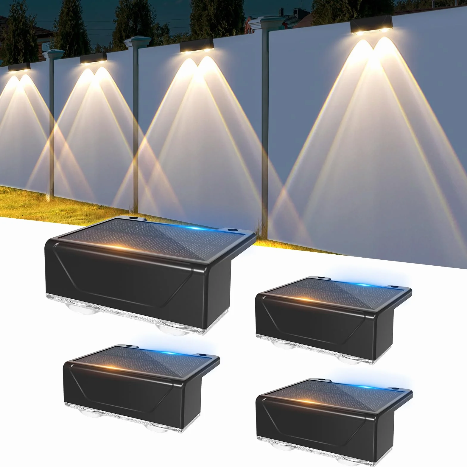 Liyade Lampy solarne na ogrodzenie, 4 sztuki lamp solarnych do ogrodu zewnętrznego, wodoodporne lampy solarne na taras z 3 trybami oświetlenia, lampa solarna ścienna na zewnątrz, ogrodzenie