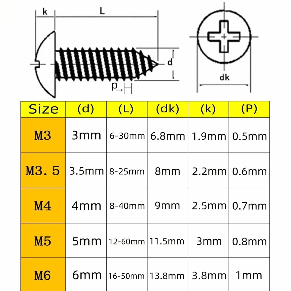 Wkręty do Drewna M3x6mm 20 szt, Czarne, Stal Węglowa, Okrągły Łeb Grzybkowy, Samowiercące