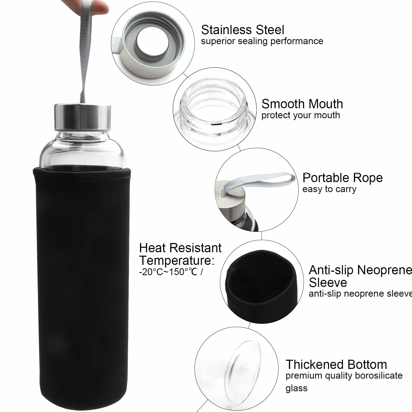 DAWRIS Butelka na wodę 550 ml, szkło neoprenowe, szkło borokrzemowe, szczelna, izolowana, idealna na kemping, wędrówki, podróże, jogę, kuchnię, dom, biuro i szkołę