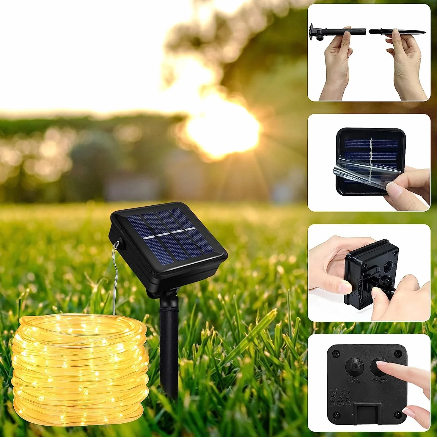 JIMACRO Zewnętrzne solarne lampy linowe LED IP65 12 m 100 diod 8 trybów oświetlenia łańcuch świetlny do ogrodu