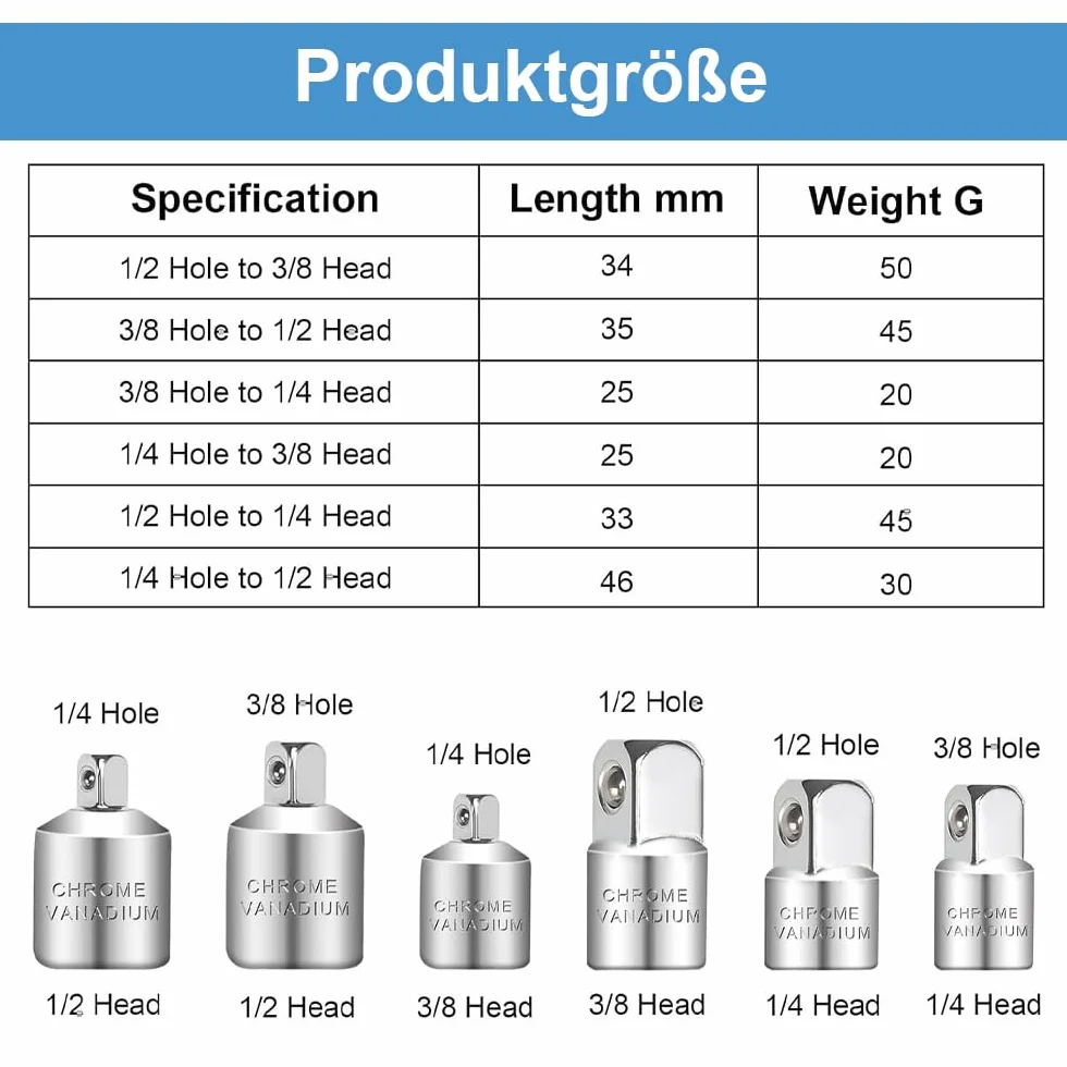 Adapter do kluczy nasadowych 6 sztuk 3/8 na 1/4, 1/4 na 3/8, 1/2 na 3/8, 3/8 na 1/2, 1/4 na 1/2, 1/2 na 1/4