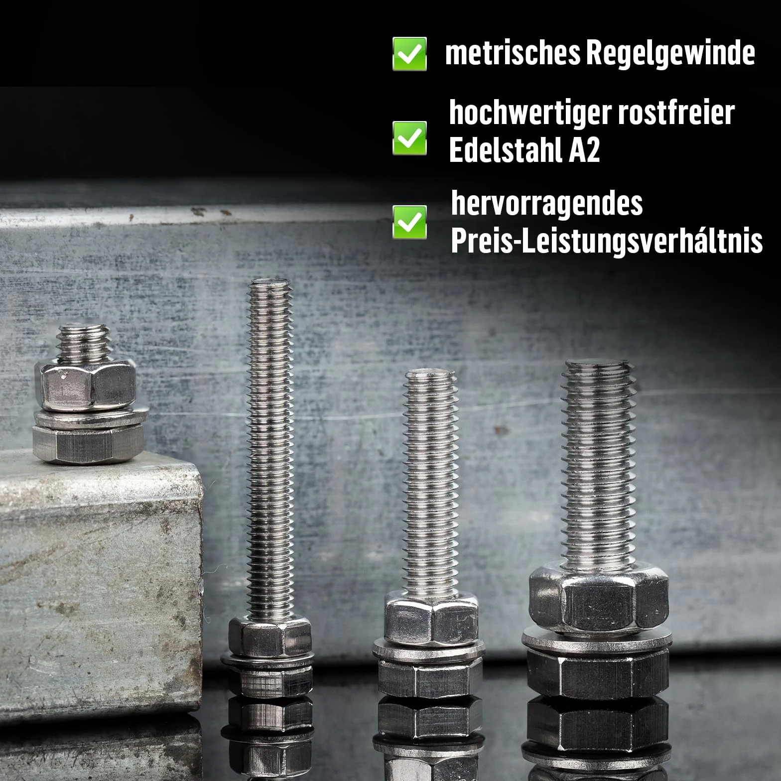 Zestaw śrub z łbem sześciokątnym M5 x 10 mm, nakrętki M6 DIN 933, stal szlachetna A2 V2A, pełny gwint