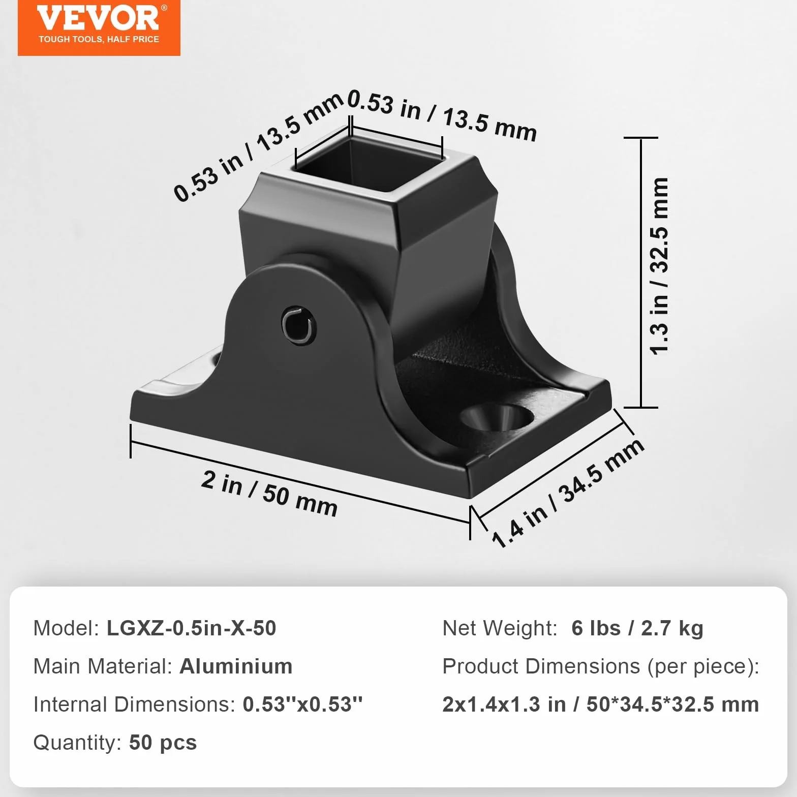 VEVOR kwadratowe chodaki na balustrady 50 szt. 12,7 mm ze stopu aluminium czarne