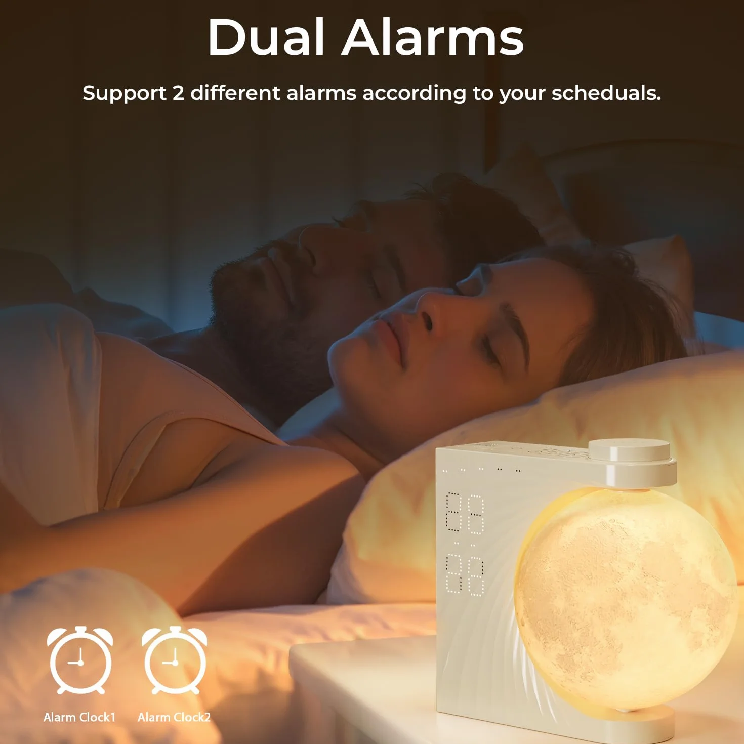 Lampa księżycowa ze świecącym budzikiem LED, 8 kolorów, podwójny alarm, drzemka, 10 dźwięków