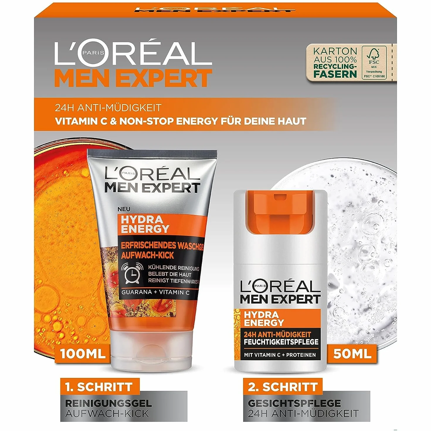 L'Oréal Men Expert Zestaw do pielęgnacji dla zmęczonej skóry dla mężczyzn, zestaw upominkowy z żelem do mycia i kremem do twarzy 24h, przeciw zmęczeniu, prezent dla mężczyzn z witaminą C, Hydra Energy