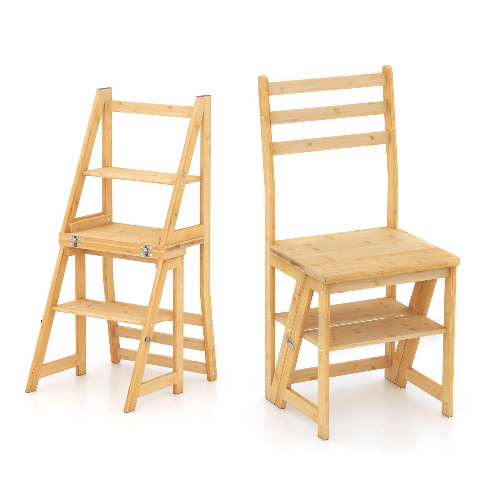 GIANTEX Bambusowe krzesło schodowe 3 w 1, 3 stopnie, 40 x 41,5 x 89 cm, 150 kg, składane