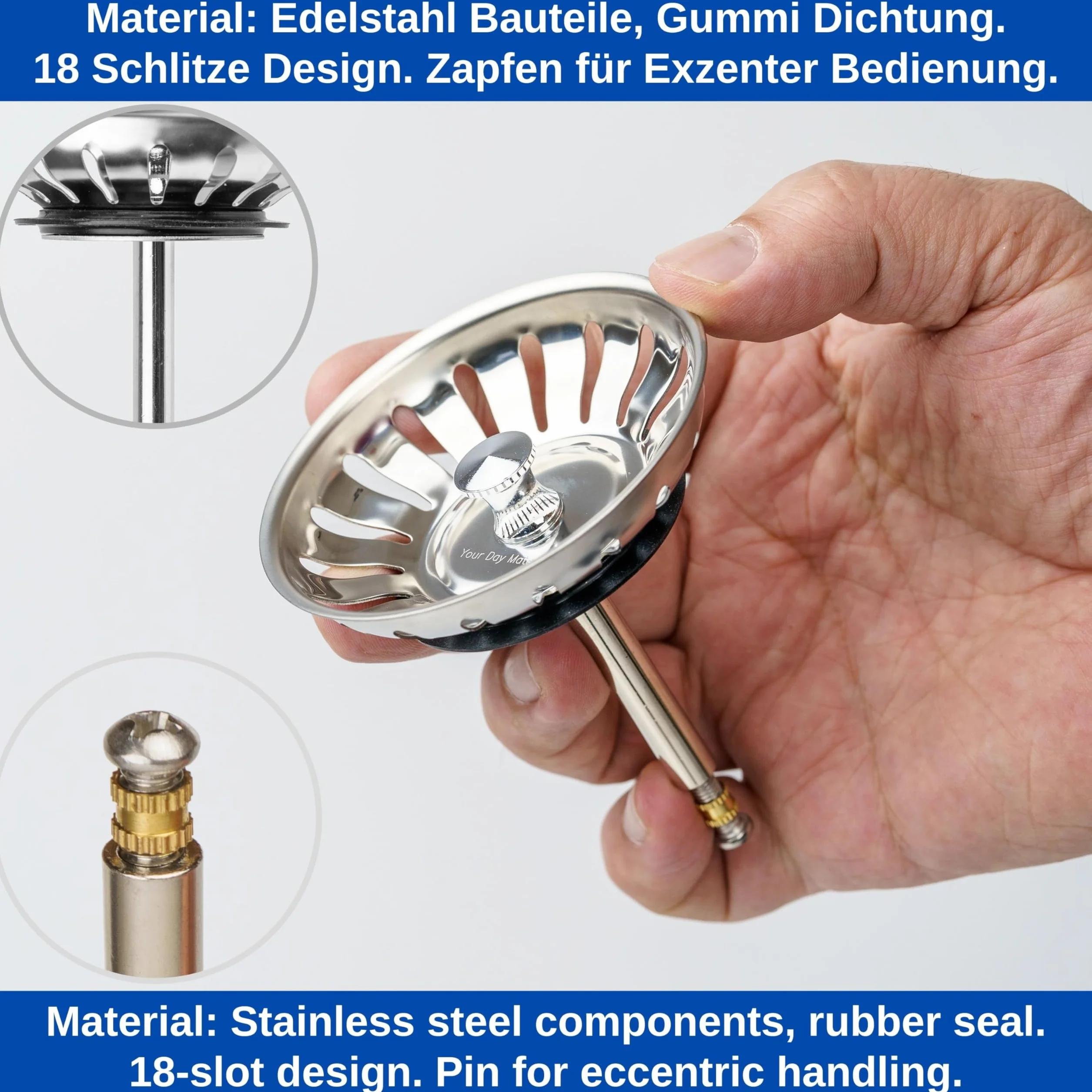 Koszyk sitka do zlewu kuchennego Ø 79 mm zamiennik 119146 Blanco 3,5" 18-szczelinowy króciec mimośrodowy 52-97 mm trzpień Ø 8 mm