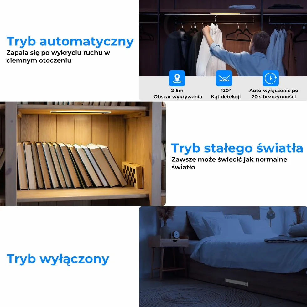 OUSFOT Oświetlenie Podszafkowe LED 30 cm Zestaw 2 z Czujnikiem Ruchu Ściemnialne Bezprzewodowe Ładowane USB Srebrne