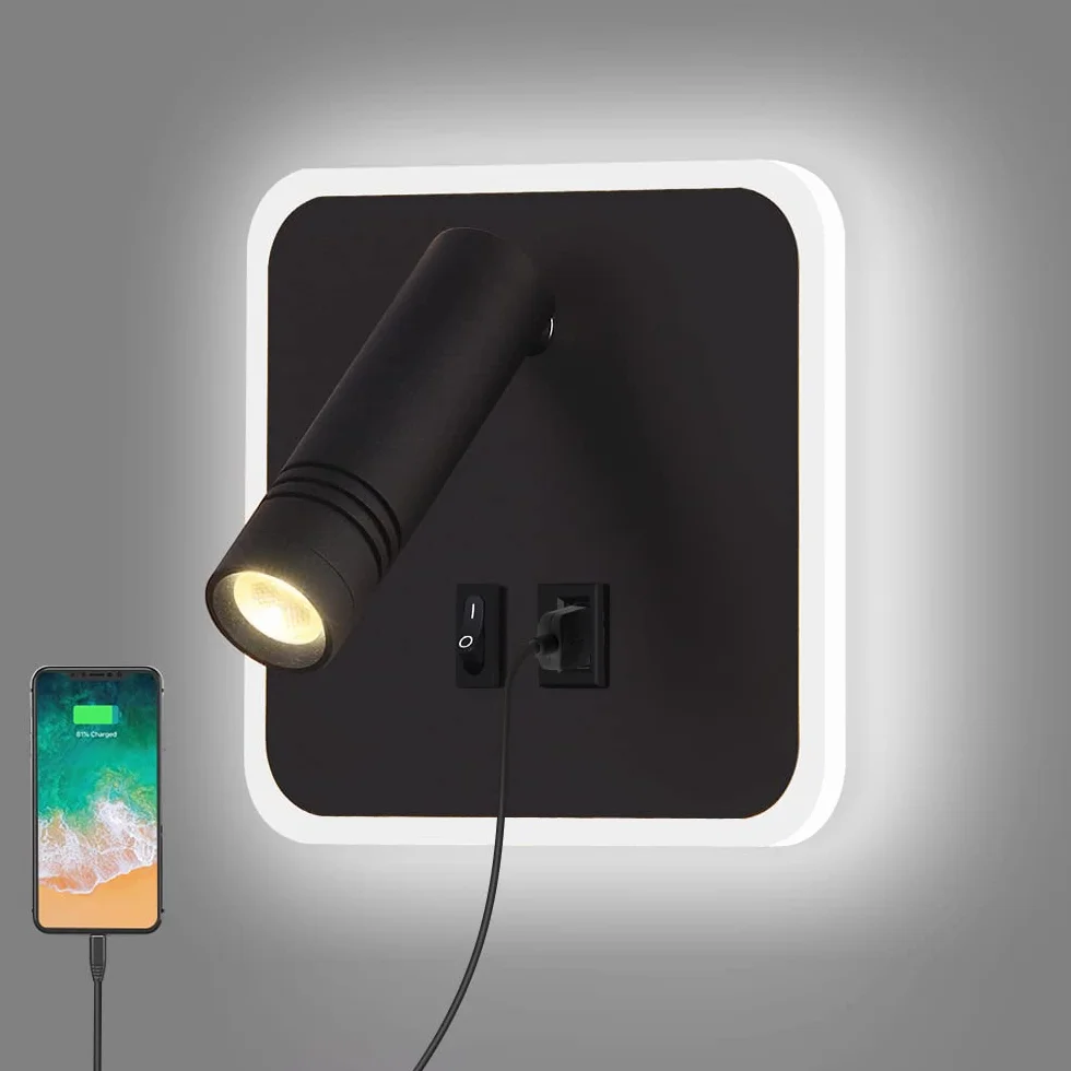 ERWEY Lampa ścienna LED do czytania, regulowana 3W 4000K + 5W 6000K, z przełącznikiem i USB, czarna