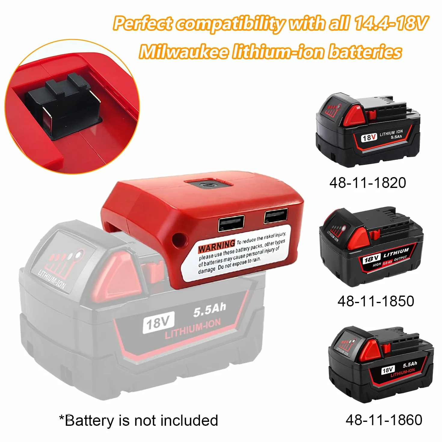 Adapter do baterii litowej 18 V 5 V/2,1 A podwójny adapter ładujący USB światło robocze LED 12 V DC konwerter mocy dla Milwaukee M18 czerwony