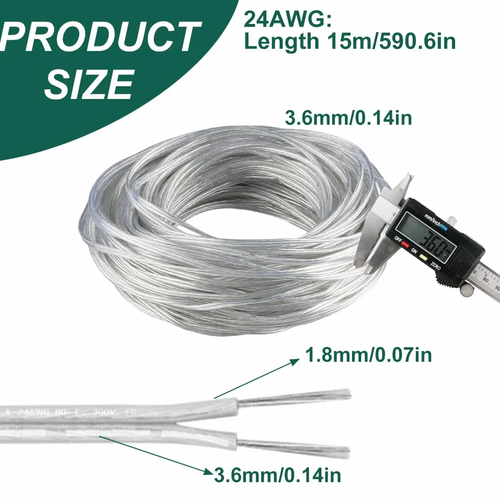 Przezroczysty kabel 15 m, 2 żyły PCW, elastyczny kabel, 24 AWG PCW, przezroczysty kabel elektryczny, średnica zewnętrzna 1,8 x 3,6 mm, do urządzeń gospodarstwa domowego o niskim zużyciu