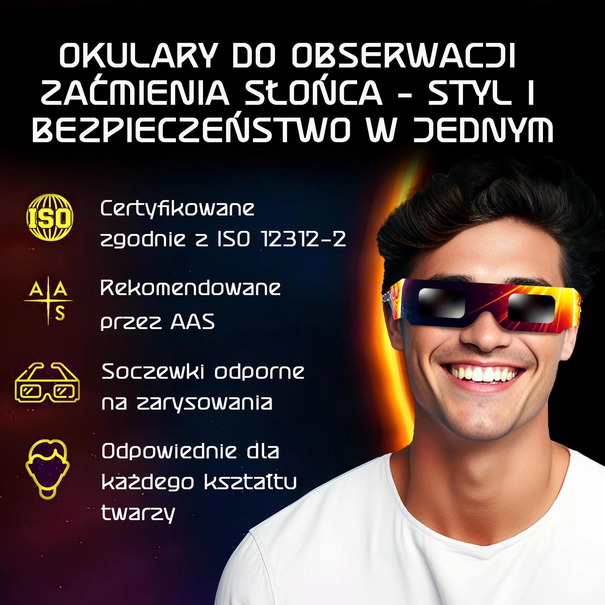 Okulary do zaćmienia Słońca AAS 2026 certyfikat ISO CE 12 szt.
