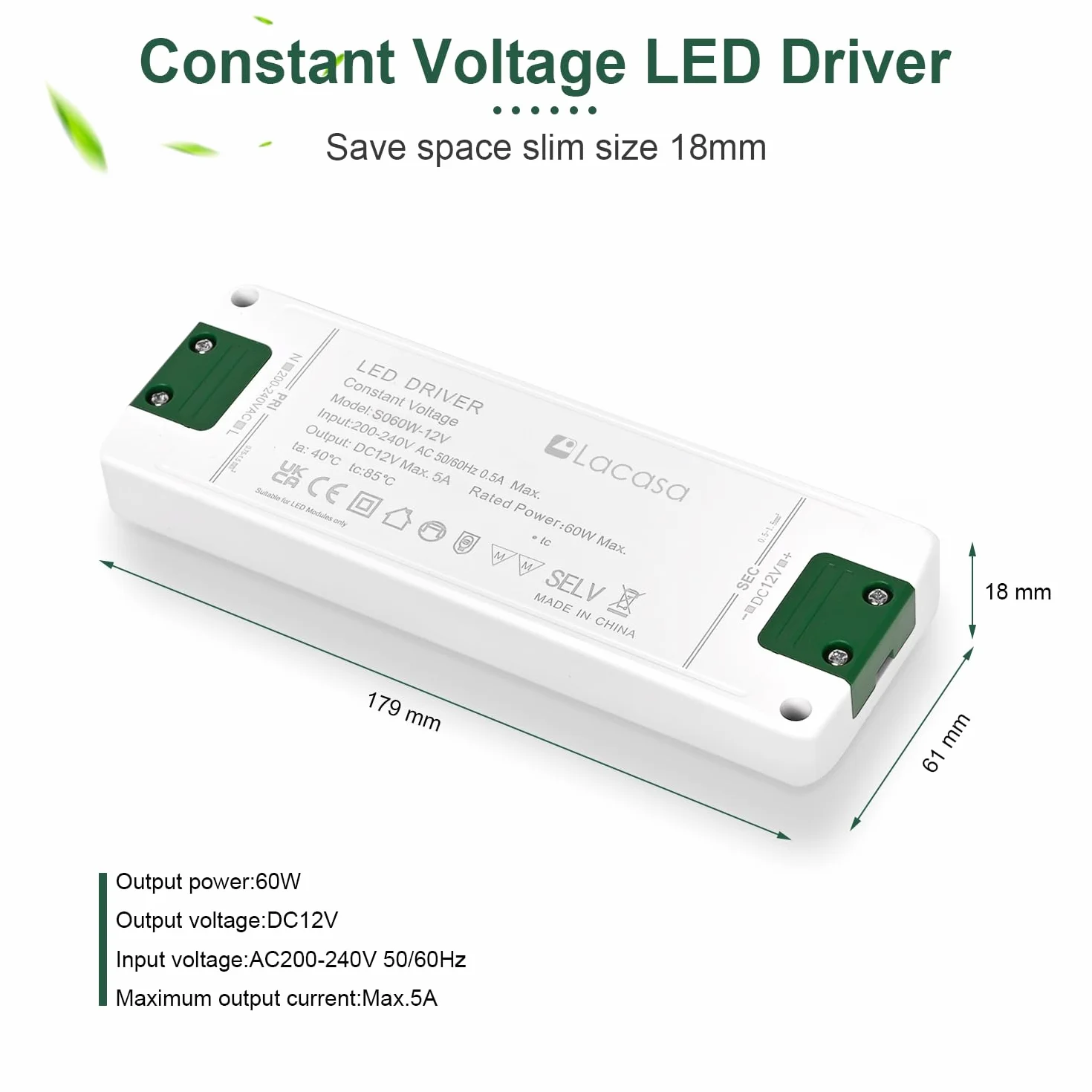 Lacasa Transformator LED 12V 5A 60W Zasilacz Sterownik AC200-240V na DC12V Stałe Napięcie Adapter Ultra Smukła 18mm do Taśm LED G4 MR11 MR16