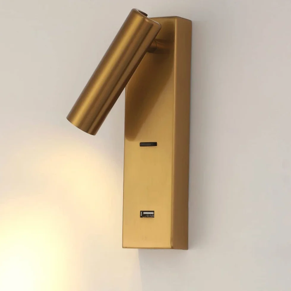 Złoty kinkiet do czytania przy łóżku, mini metalowy kinkiet ścienny z portem USB, regulowany kinkiet 350°+90°, nowoczesne kinkiety LED, minimalistyczne kinkiety oświetleniowe