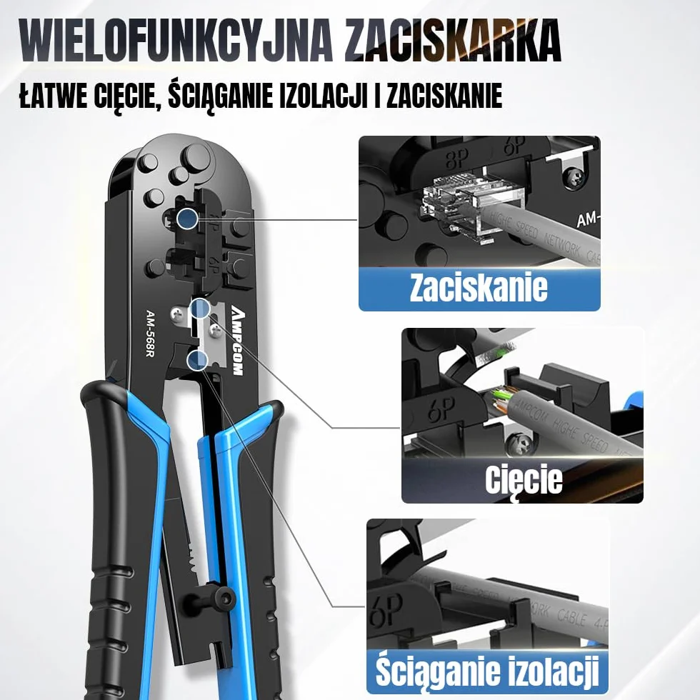 AMPCOM Narzędzie do zaciskania RJ45 Ethernet, 8P/6P-RJ11/RJ12 szczypce z grzechotką
