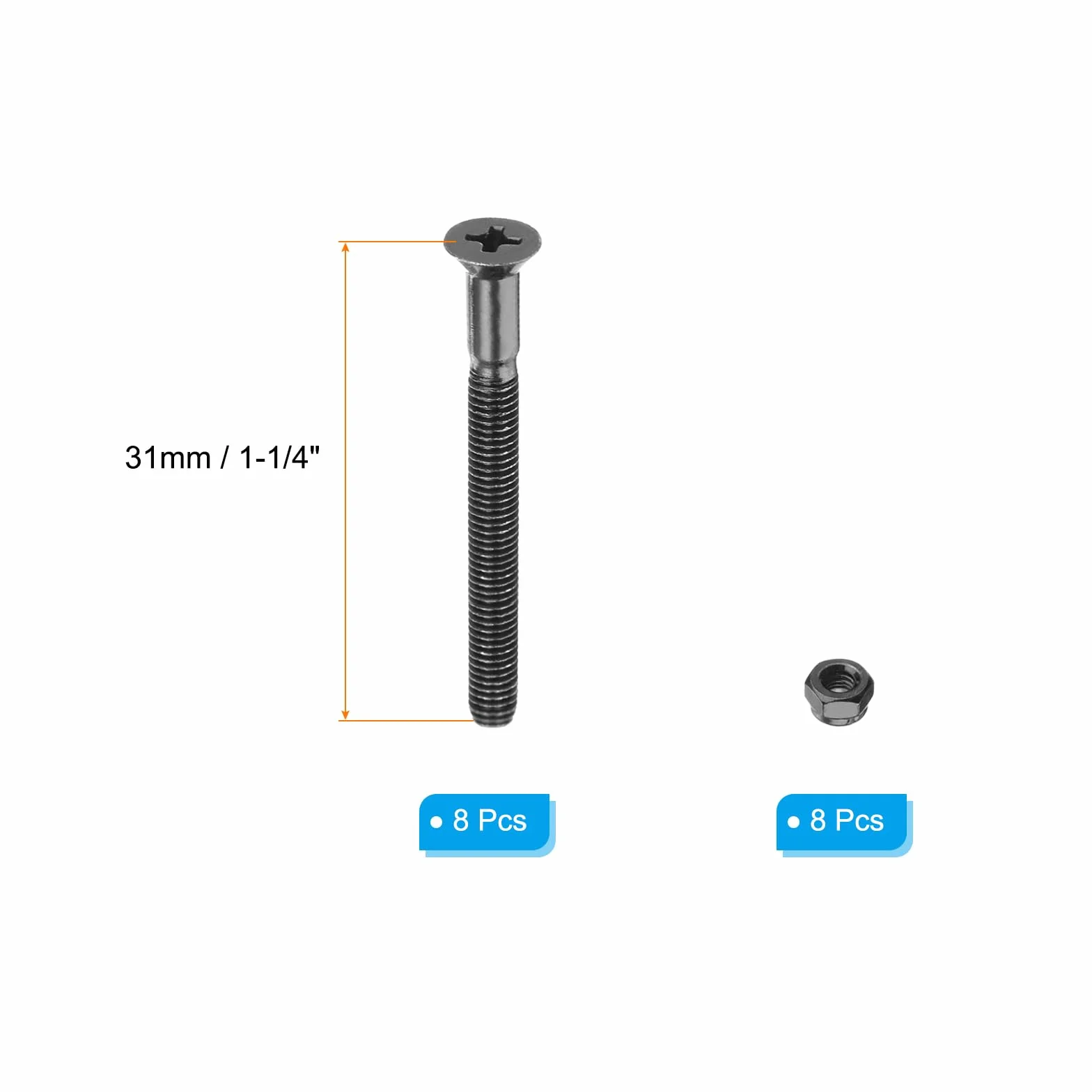 PATIKIL Sprzęt do deskorolki 1-1/4" / 31 mm, 8 szt. śrub i nakrętek ze stali węglowej do deskorolek, śruby i nakrętki z łbem krzyżowym do cruisera, czarne