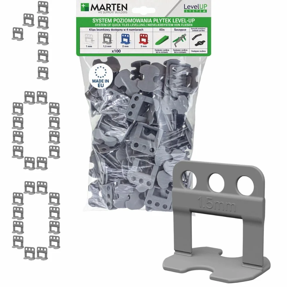 MARTEN Level UP system poziomowania płytek, zaczepy, szerokość fugi 1-3 mm, grubość płytek 5-15 mm, szczypce, kliny, 100 zaczepów 1,5 mm