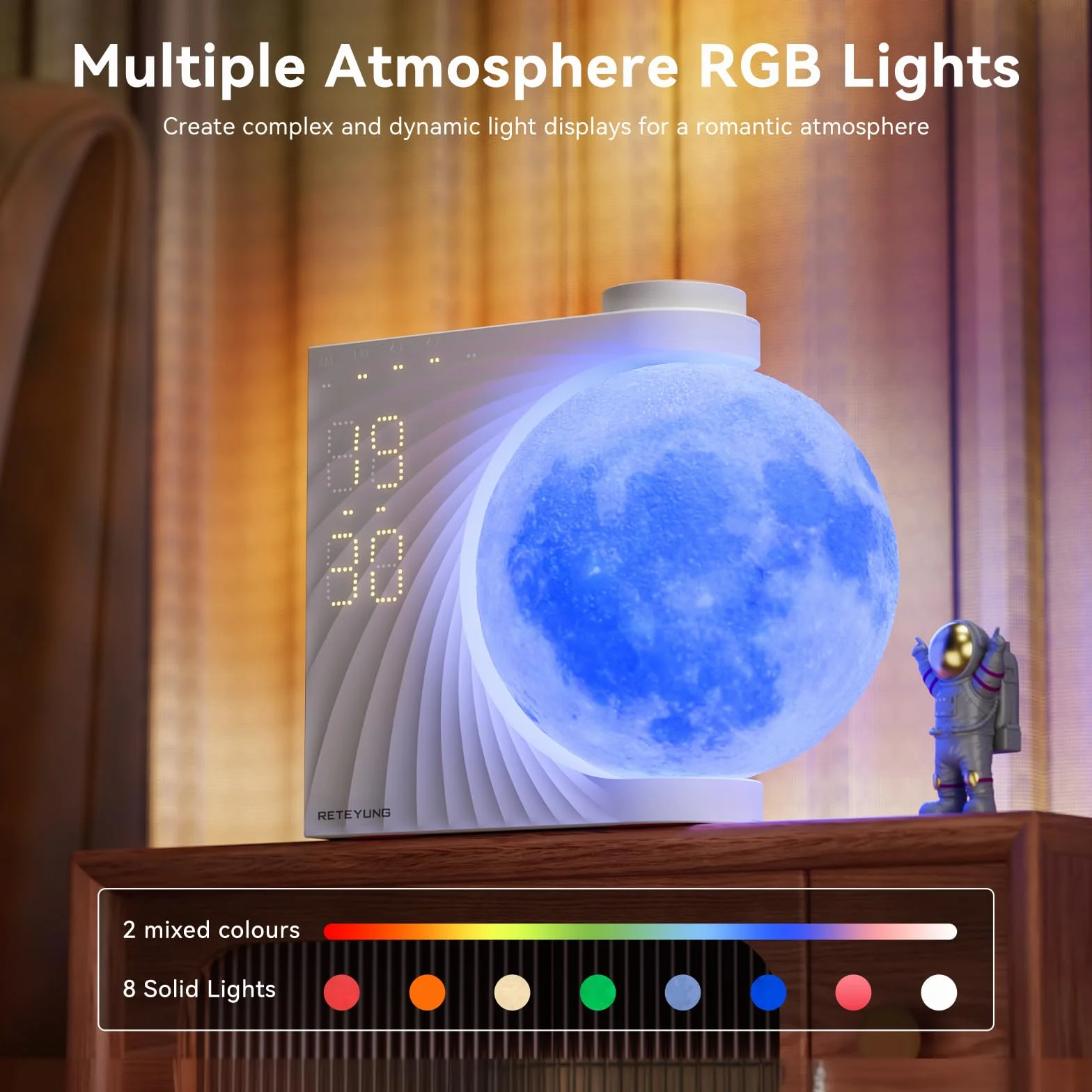 RETEYUNG Lampa księżycowa z budzikiem świetlnym, 8 kolorów RGB, naturalne dźwięki, 3-poziomowa jasność, lampka nocna