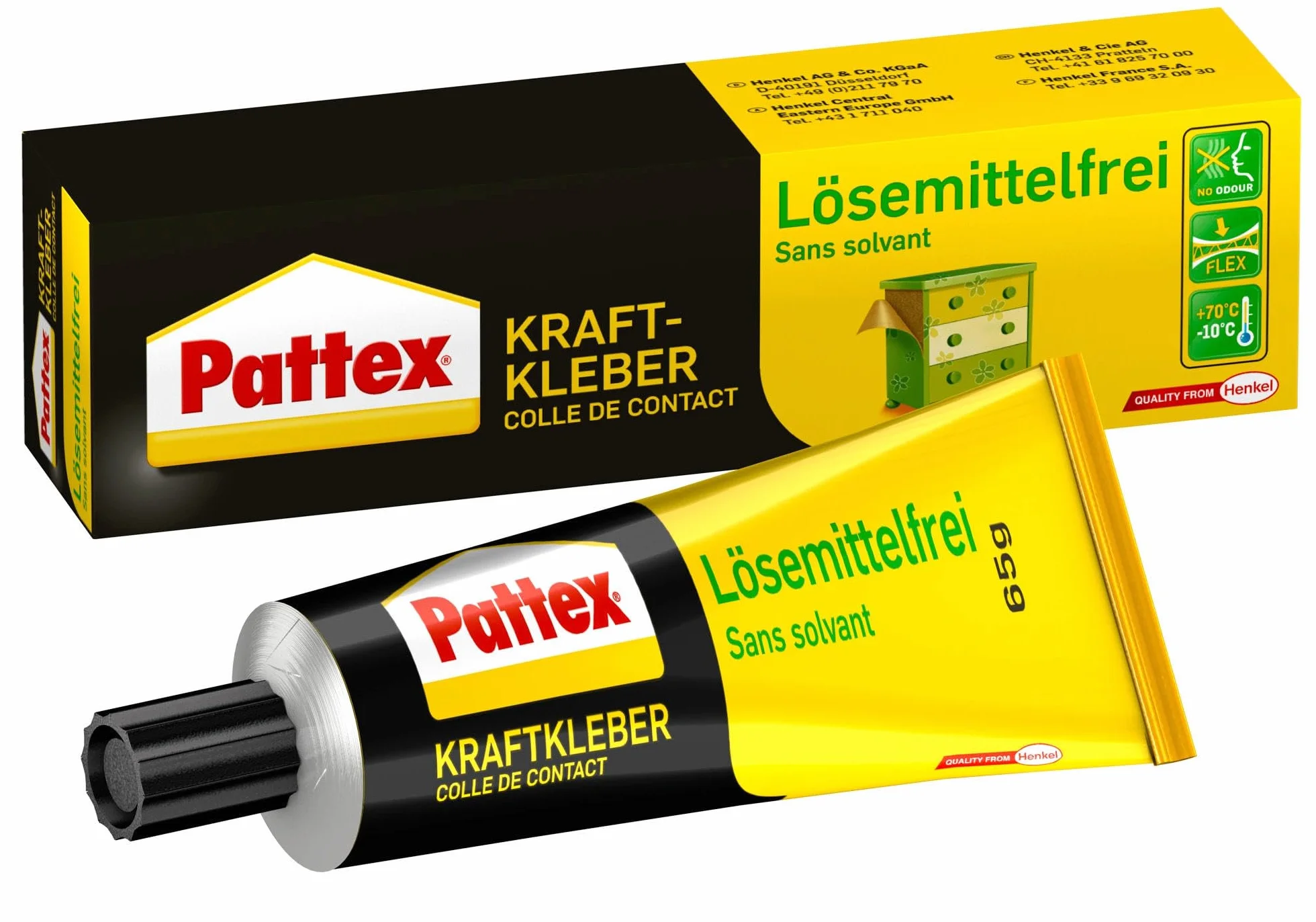 Pattex Kraftkleber Bezrozpuszczalnikowy 65 g superklej do uniwersalnego zastosowania wewnątrz pomieszczeń odporny na wysoką temperaturę