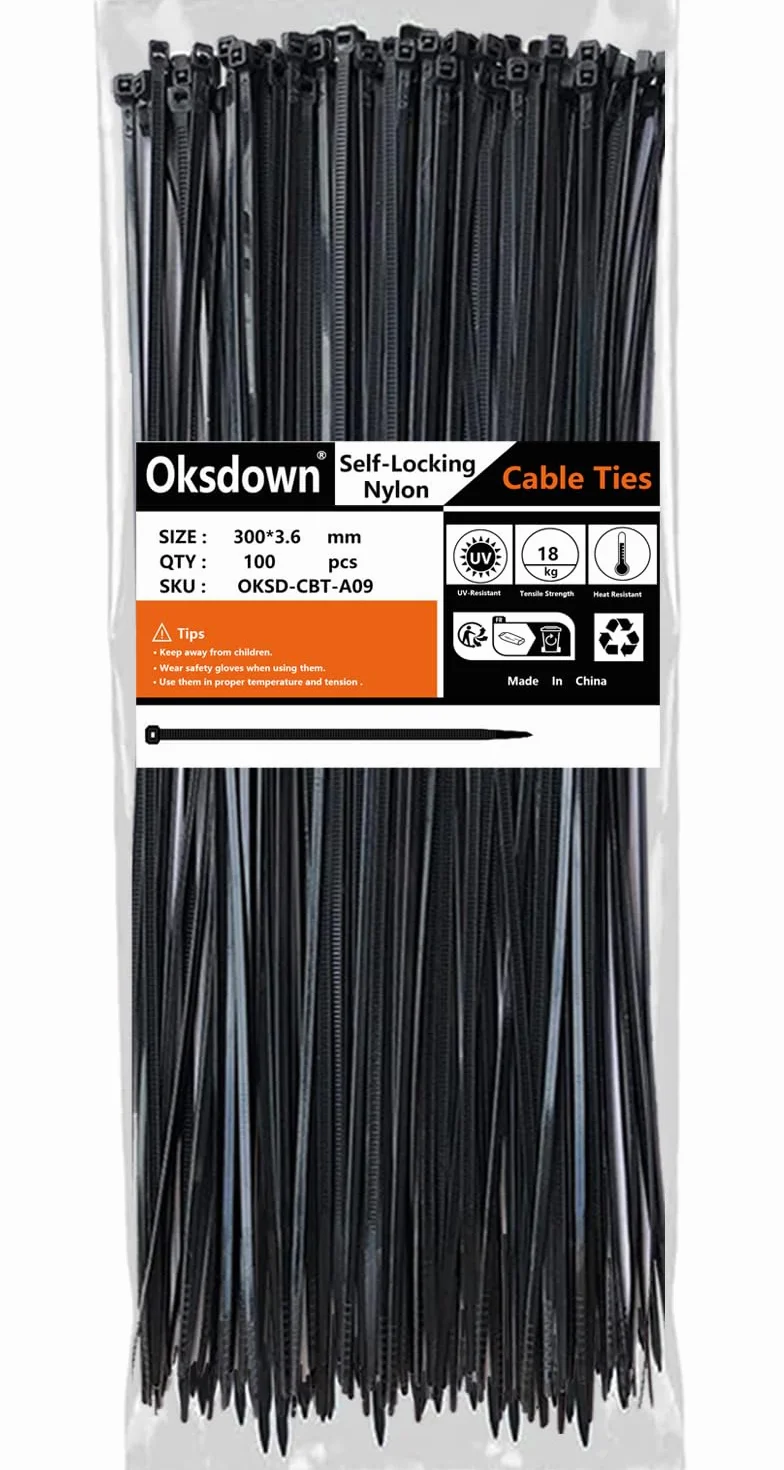 Opaski kablowe 300 mm × 3,6 mm czarne nylonowe samozaciskowe 100 sztuk