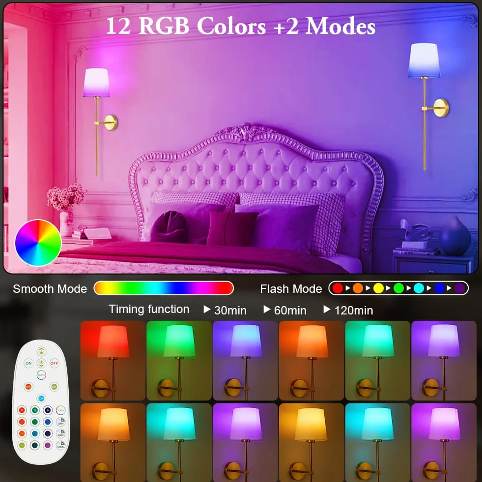 Kinkiet RGB HOTUT 2 sztuki ściemniana lampa ścienna bateryjna bezprzewodowa z pilotem złota