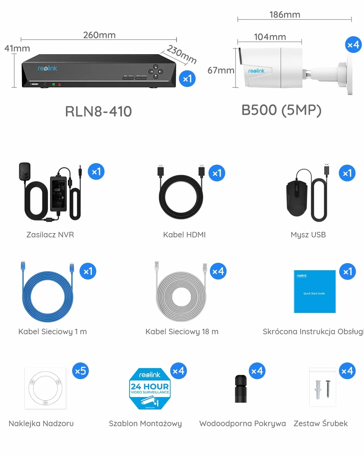 Zestaw Reolink 5MP PoE, 8-kanałowy NVR 2TB z 4 kamerami 5MP, nocne widzenie 30m, wykrywanie osób/pojazdów, nagrywanie 24/7, RLK8-410B4-5MP-A