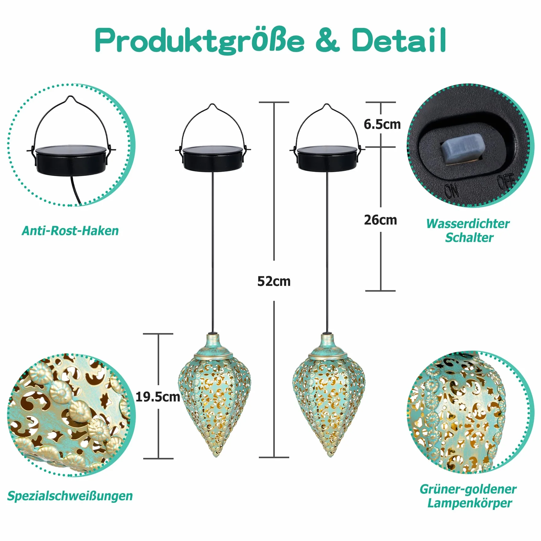 Latarnie solarne wiszące IP65 metalowe LED 2 sztuki do ogrodu