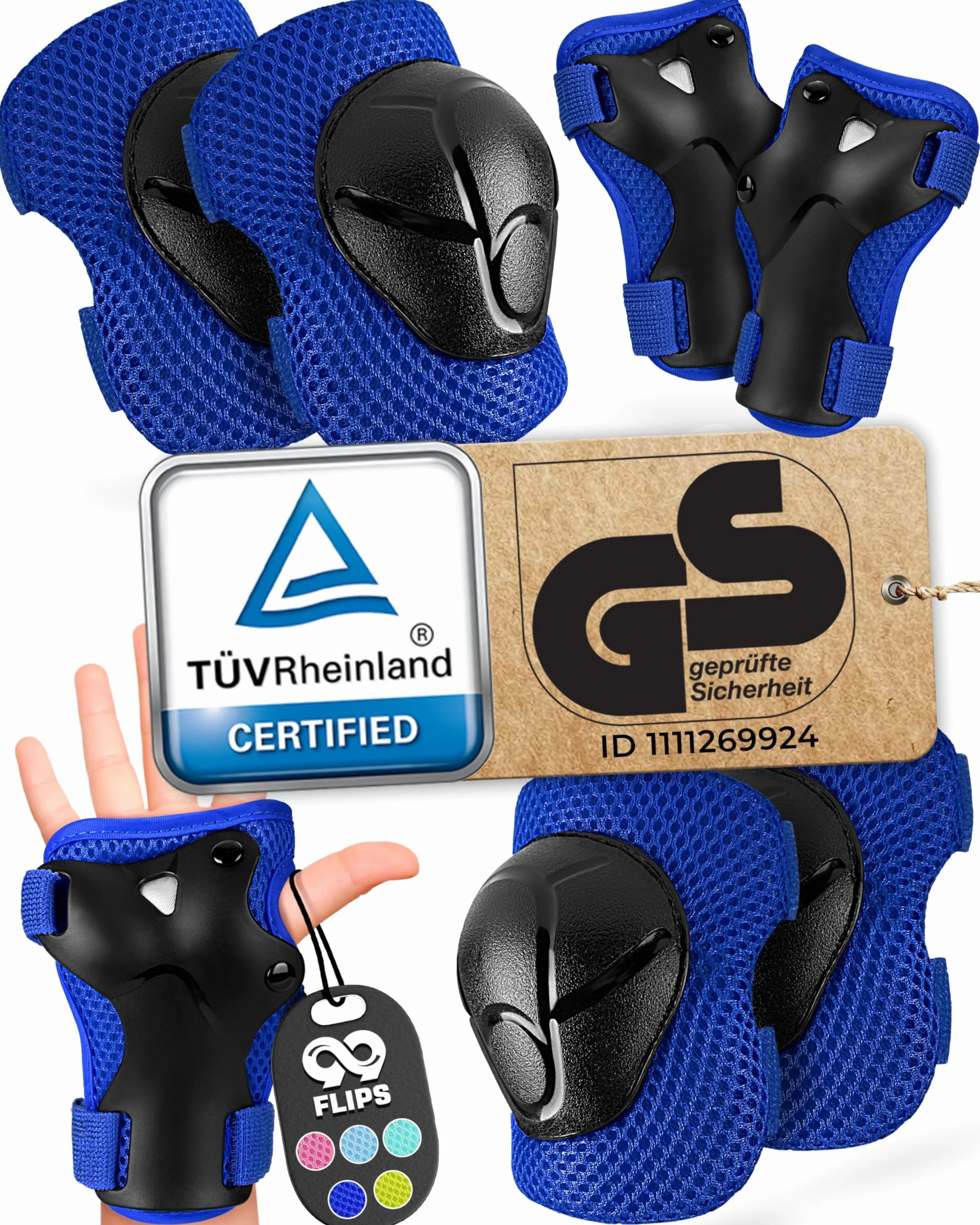 99FLIPS FLASH Niebieskie Ochraniacze na Rolki dla Dzieci od 3 lat XS Zestaw 6 el z Certyfikatem GS TÜV Rheinland Nakolanniki i Nałokietniki Dziecięce