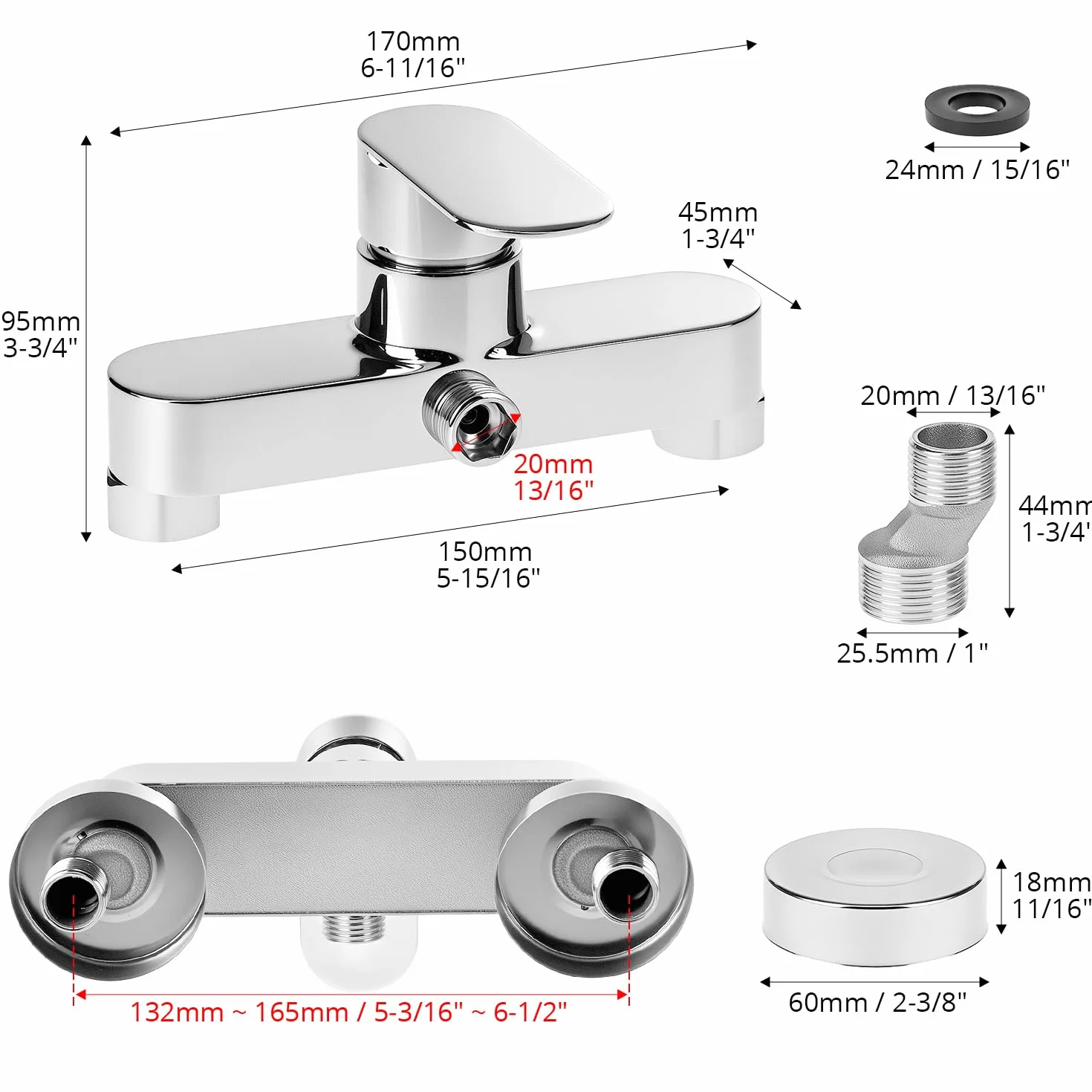 QWORK Bateria prysznicowa, zawór wylotowy G1/5.1 cm, chromowany ścienny kran mieszający