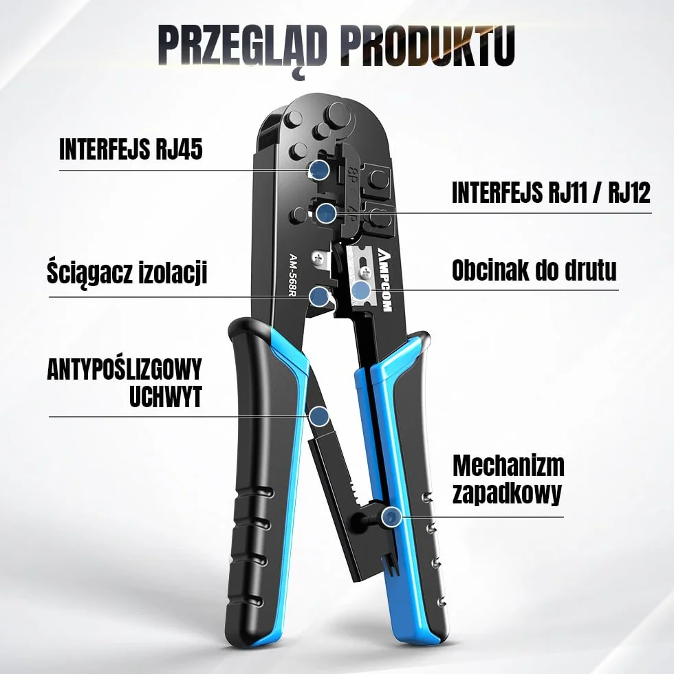 AMPCOM Narzędzie do zaciskania RJ45 Ethernet, 8P/6P-RJ11/RJ12 szczypce z grzechotką