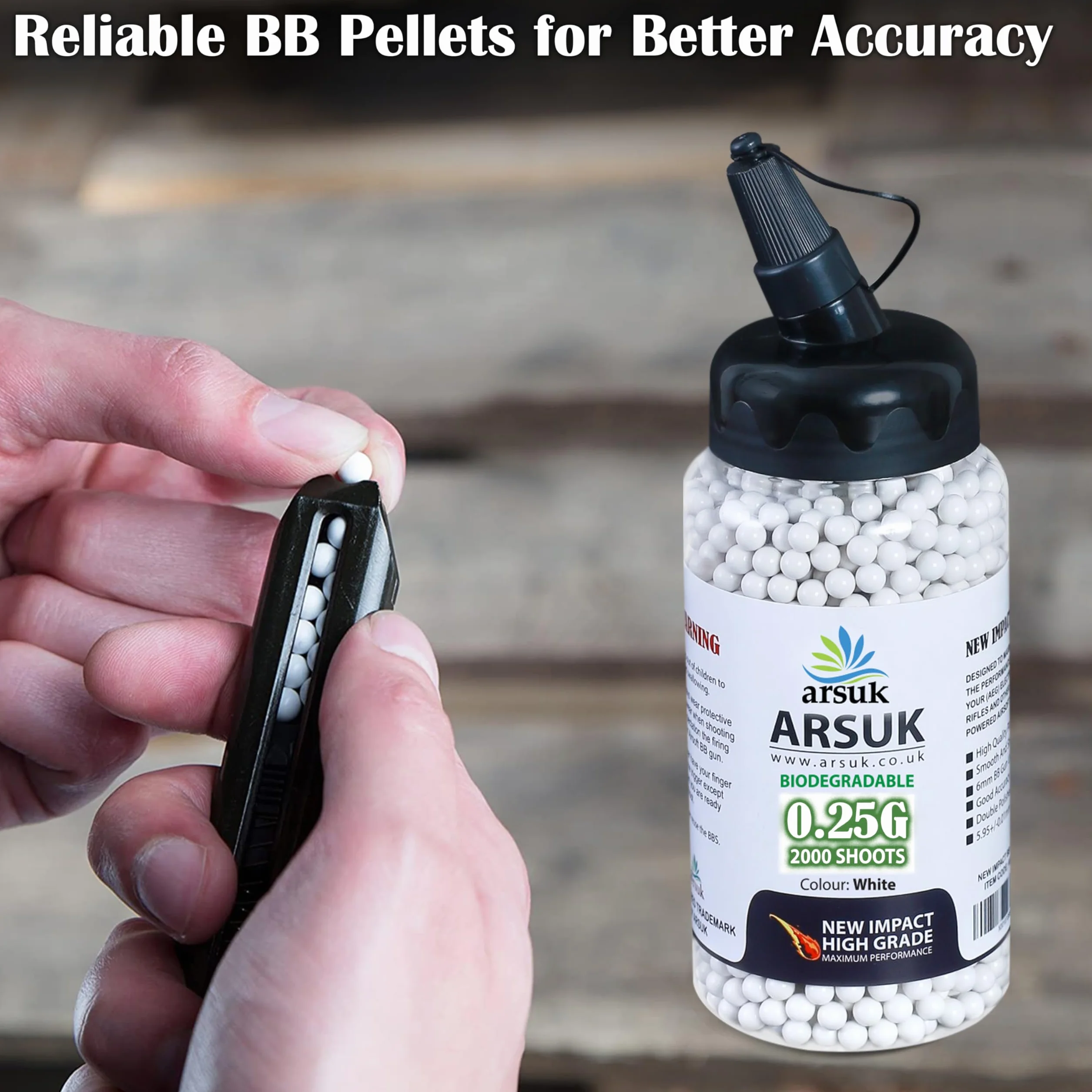 ARSUK Airsoft Pellety BB - Ulegające biodegradacji Wysoka ocena Paintball Plastikowy Kule do Pistolet na pelety i Wiatrówki - 1000, 2000, 5000 i 10000 Rundy 6mm Kulki 0,20g (Bio White - 2000 strzałów)