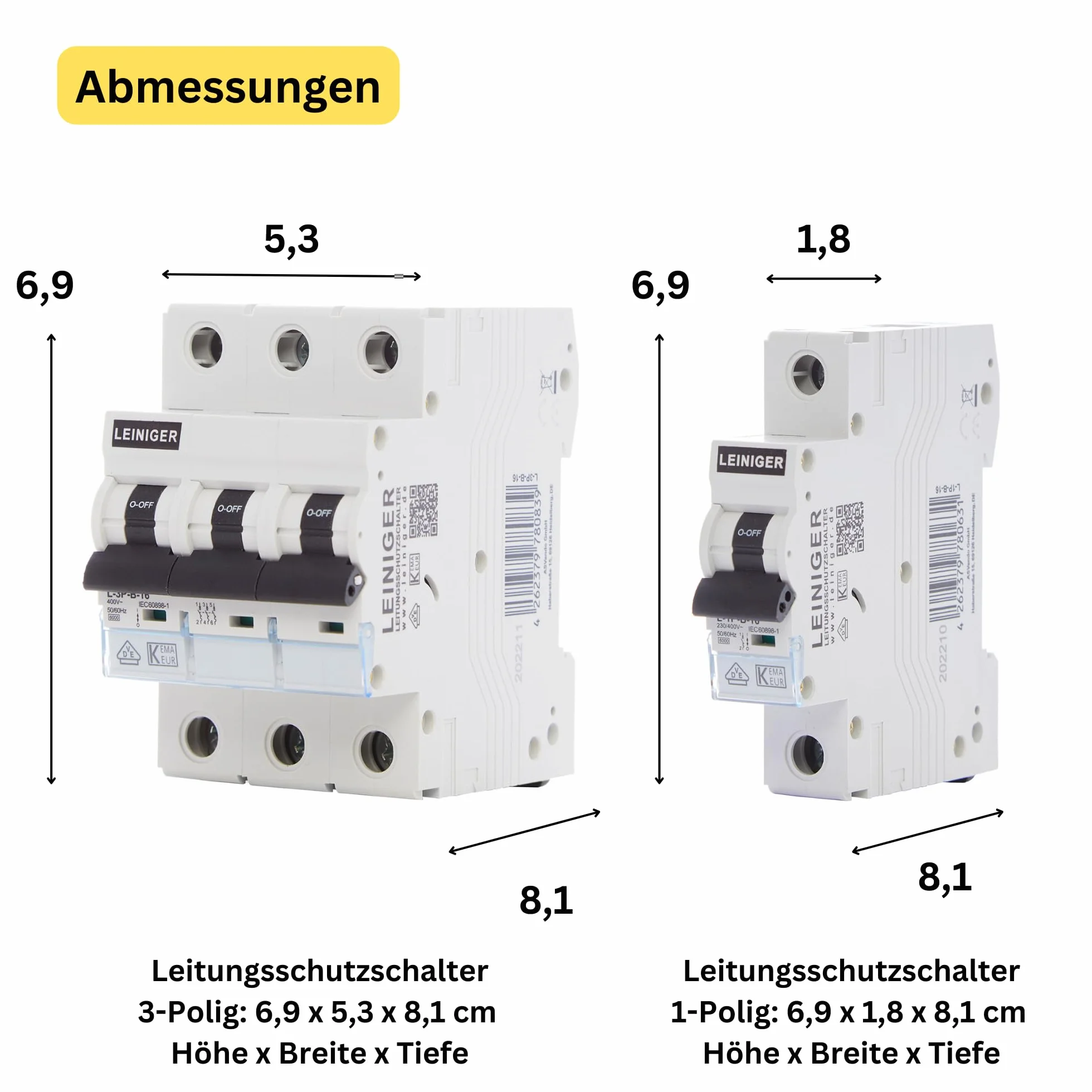 LEINIGER wyłącznik nadprądowy / wyłącznik LS / automat zabezpieczający/bezpiecznik / 1-biegunowy / 3-biegunowy / B lub C / 2A - 63A / certyfikat VDE (1-biegunowy B: 10A)
