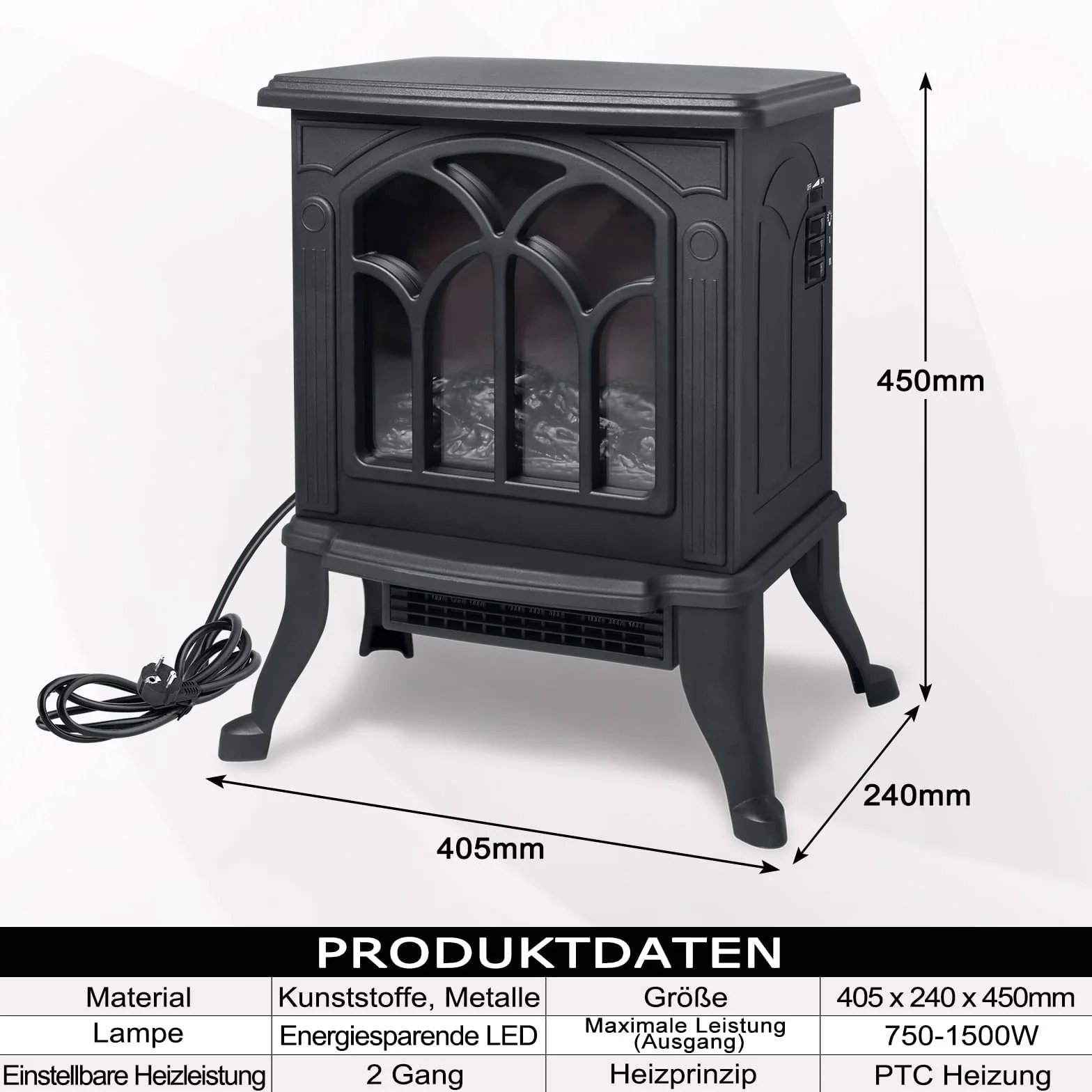 Kominek elektryczny przenośny 750W 1500W LED czarny