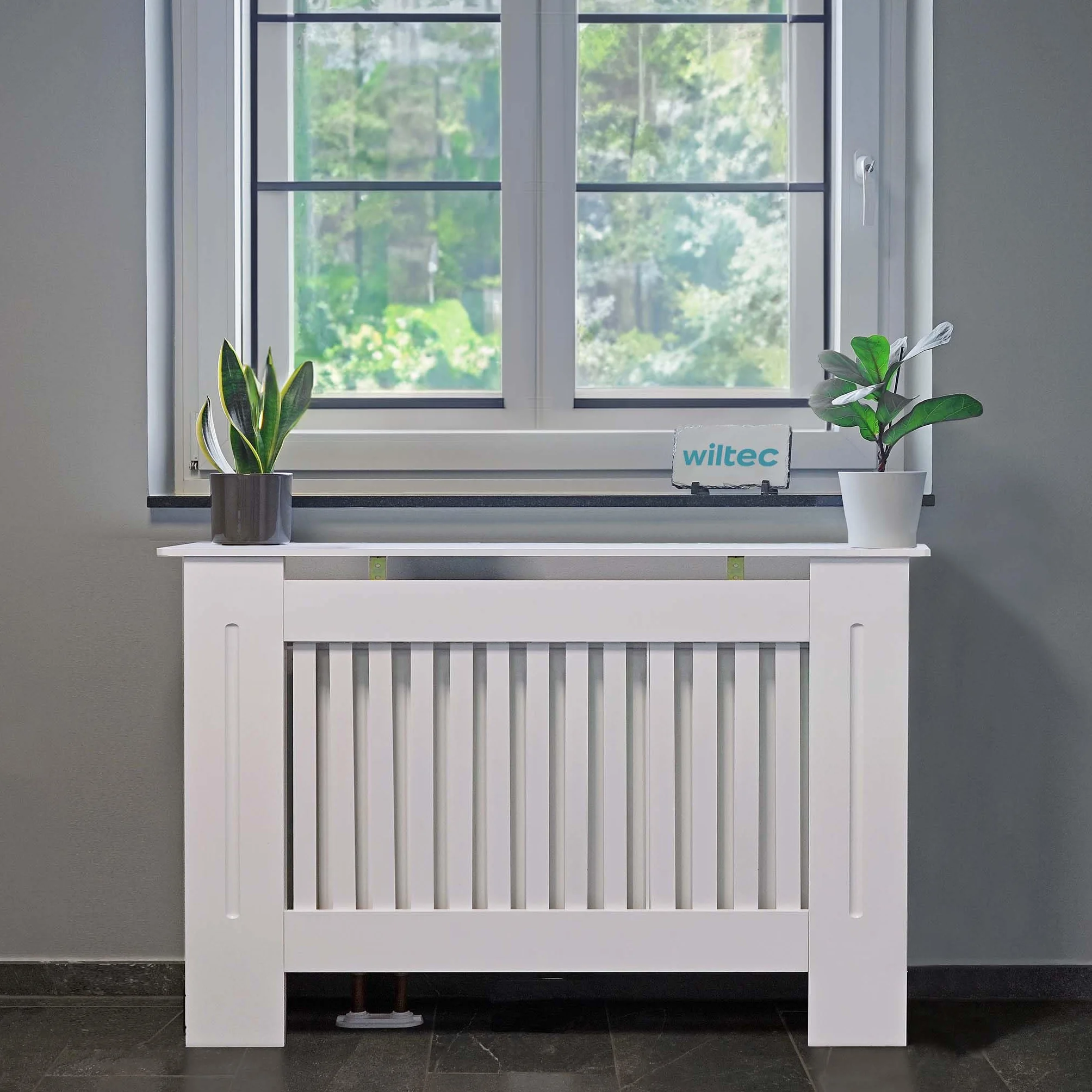 Osłona na kaloryfer żeberkowy MDF biała 78 x 19 x 82 cm lamelowana maskownica
