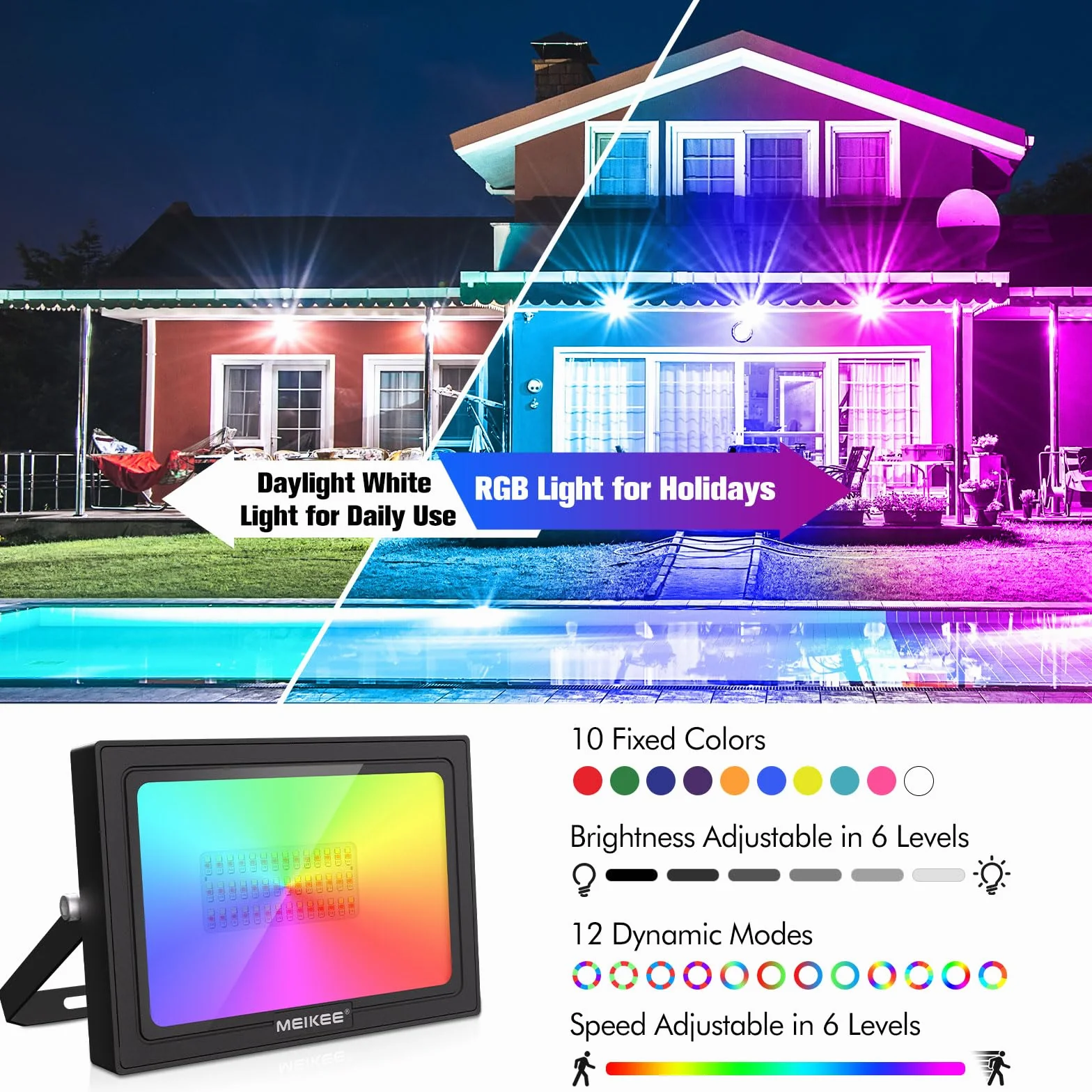 MEIKEE Zewnętrzny projektor LED RGB 60 W, 10 kolorów 12 trybów z pilotem, IP66