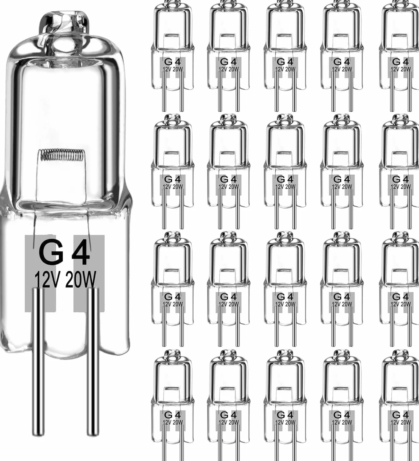 Jewan Żarówka halogenowa G4 (20 sztuk) G4 12 V 20 W Żarówki halogenowe z możliwością ściemniania ciepła biel 280 lm, 2800 k, 2-pinowa żarówka halogenowa do okapu kuchennego, kryształowy żyrandol,