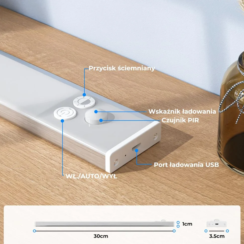 OUSFOT Oświetlenie Podszafkowe LED 30 cm Zestaw 2 z Czujnikiem Ruchu Ściemnialne Bezprzewodowe Ładowane USB Srebrne