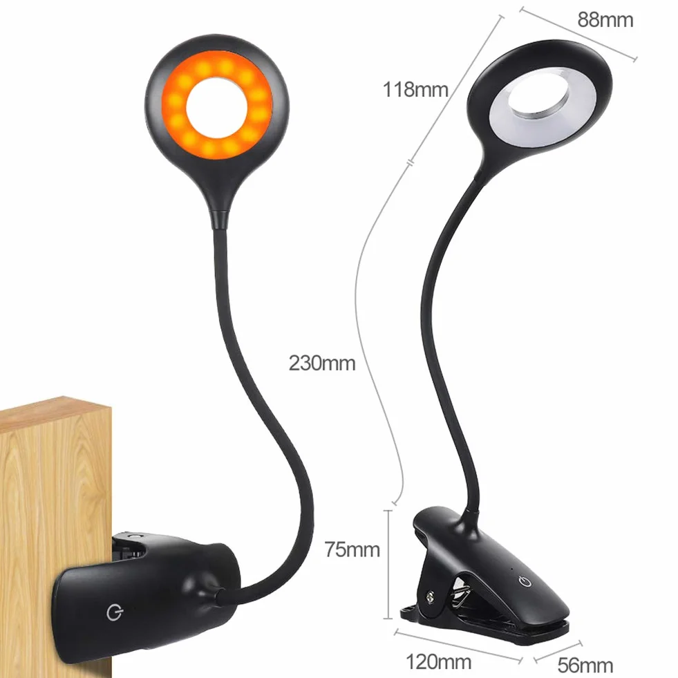 Lampka do czytania, lampa zaciskowa 16 LED, łóżko, lampki do książek, lampa zaciskowa do ładowania USB, jasność 5, możliwość przyciemniania, elastyczna lampa zaciskowa 360 °, ochrona oczu, bursztynowa lampka nocna, lampka nocna [Klasa energetyczna A++]