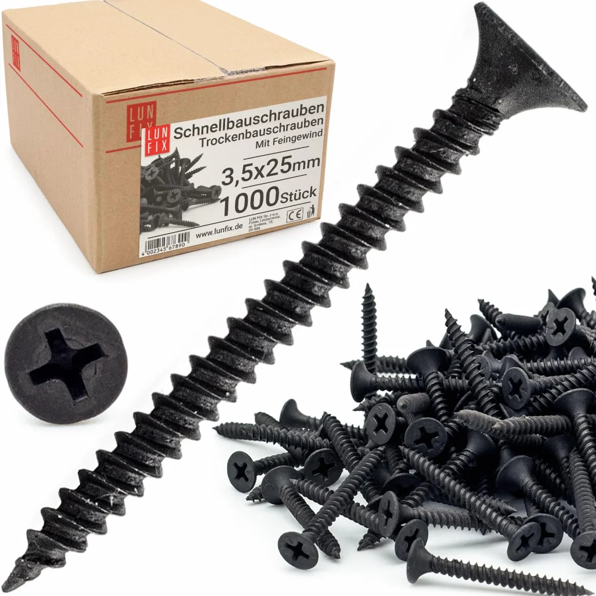 Wkręty do płyt gipsowo-kartonowych 3,5 x 25 mm 1000 sztuk czarne
