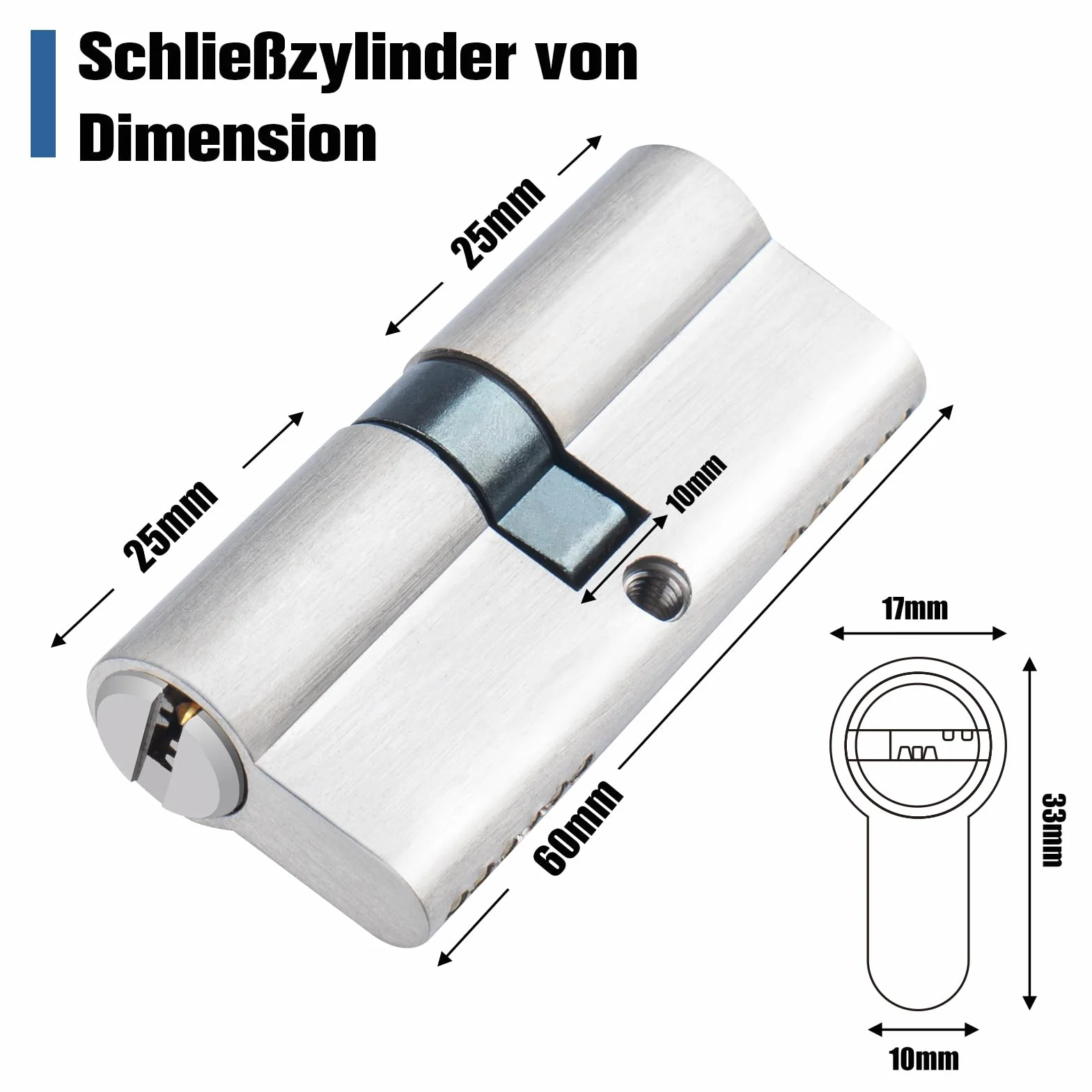 Cylinder zamka 30/30, zamek bębenkowy do drzwi, cylinder profilowy srebrny